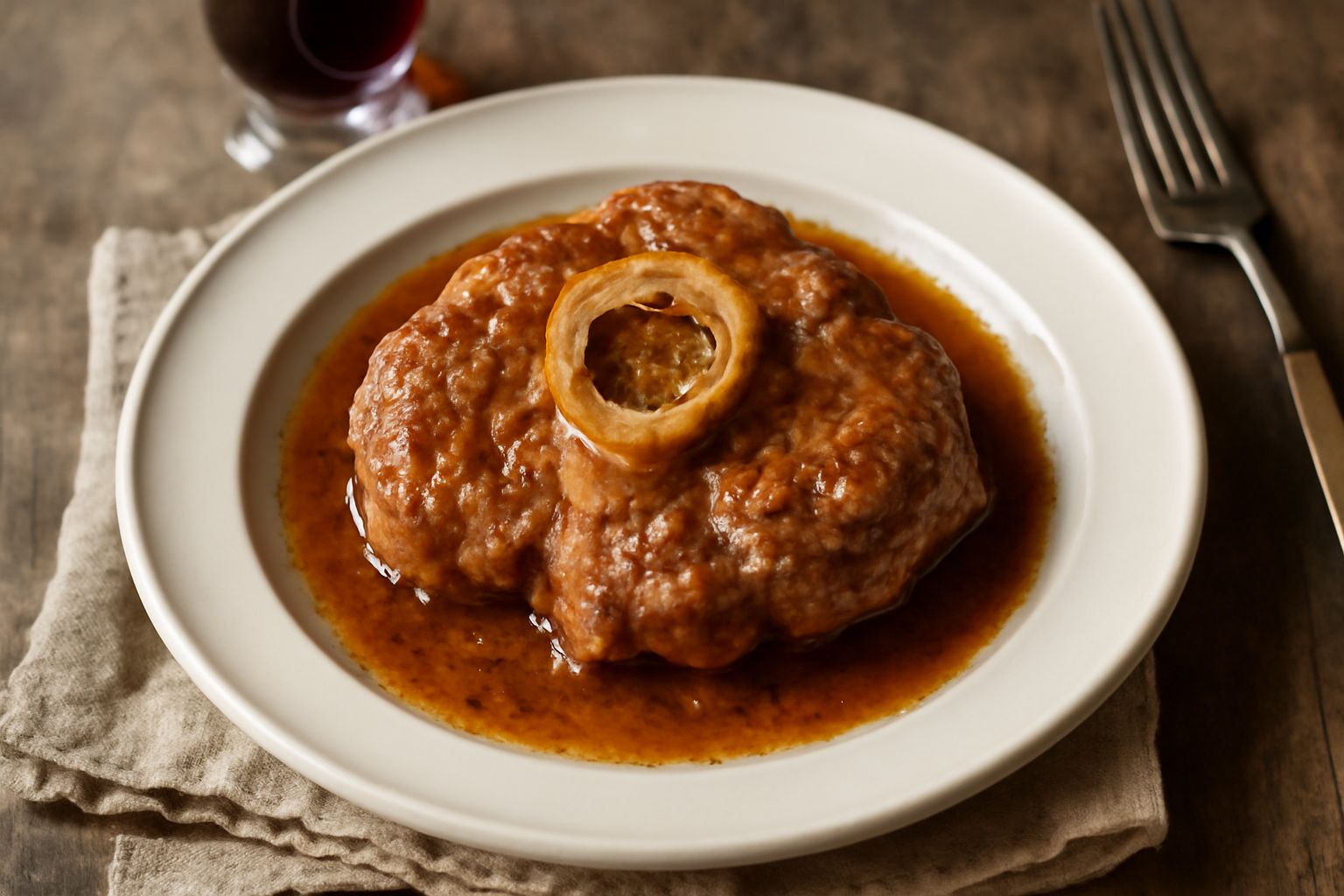 Osso bucco cotto in brodo, sezione trasversale che mostra l'osso con midollo beige, la carne brunita ai bordi e il liquido trasparente nel piatto bianco.
