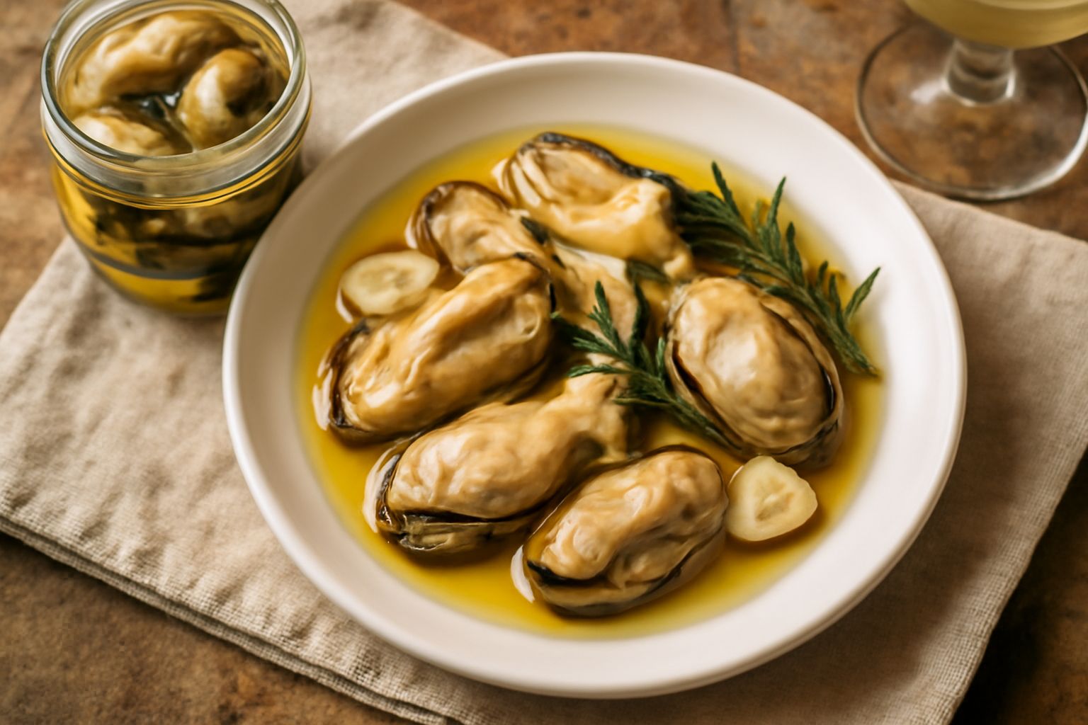 Barattolo di vetro con ostriche intere coperte di olio trasparente, erbe aromatiche visibili in primo piano, etichetta artigianale su sfondo di legno naturale