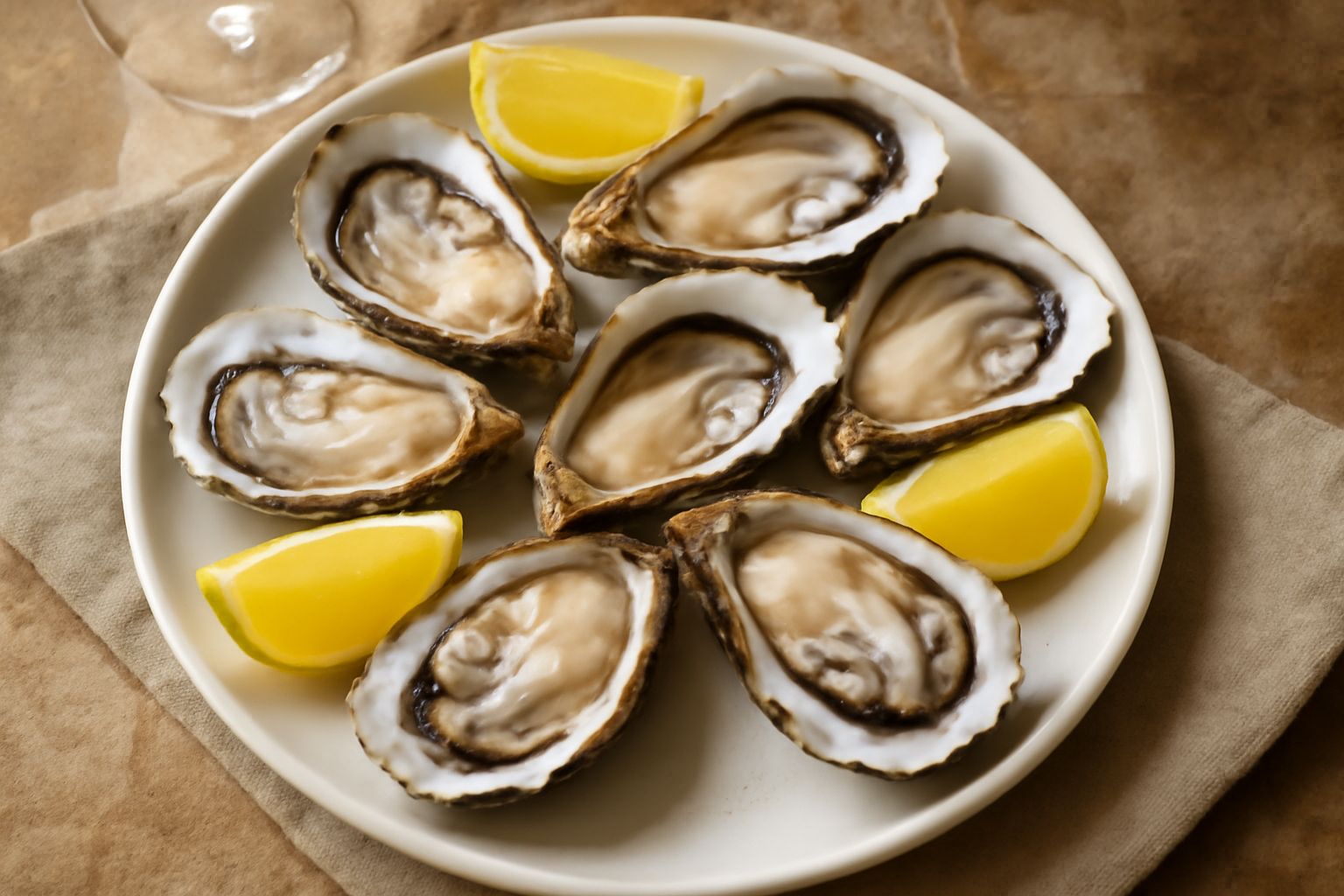 Tre ostriche appena aperte su un piatto bianco con ghiaccio tritato, limone tagliato a spicchi, una bottiglia di vino bianco secco sullo sfondo e una forchetta da pesce in acciaio