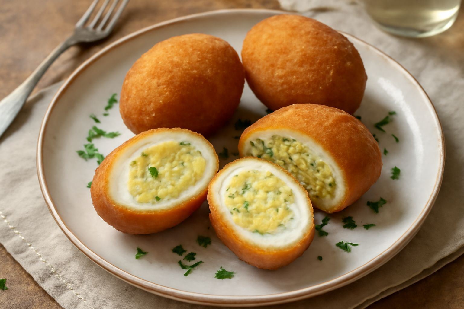 Due ova ca' panella tagliate a metà, dorate e croccanti in superficie, con interno morbido color bianco e giallo, servite in un piatto bianco con contorno di insalata verde e limone