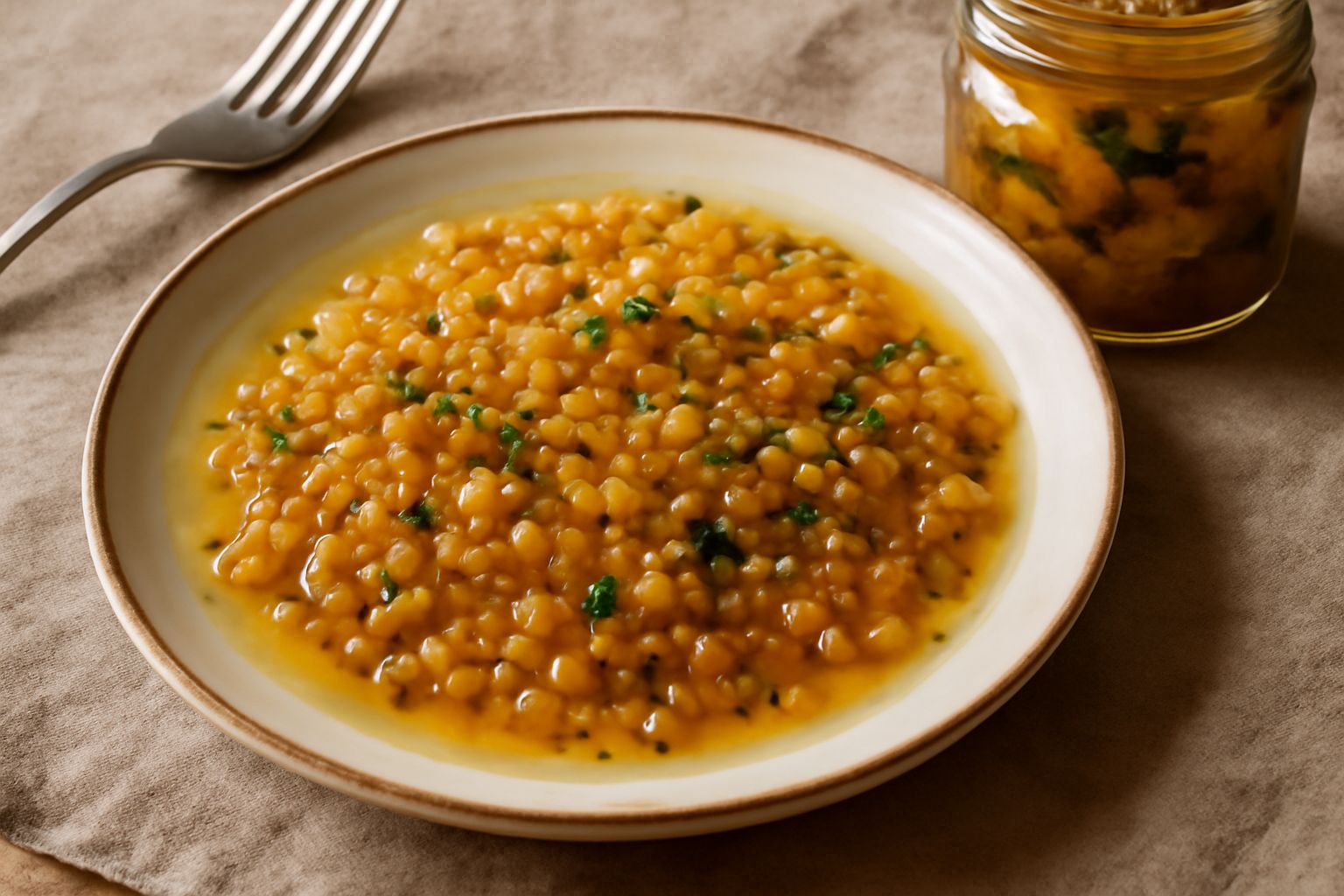 Barattolo di vetro con ova di pesce sott'olio color giallo-arancio, immerse in olio trasparente, con erbe aromatiche e grani di pepe visibili, sfondo bianco