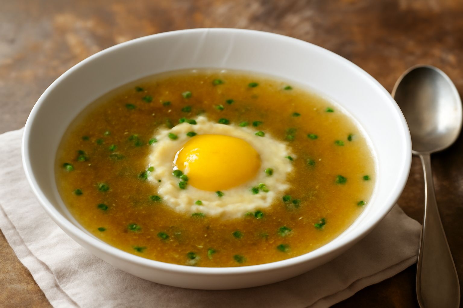Una scodella bianca di porcellana con brodo trasparente e dorato, dentro un'uovo intero con il tuorlo giallo che emerge, guarnito con prezzemolo fresco tritato, su una tovaglia di lino grigio