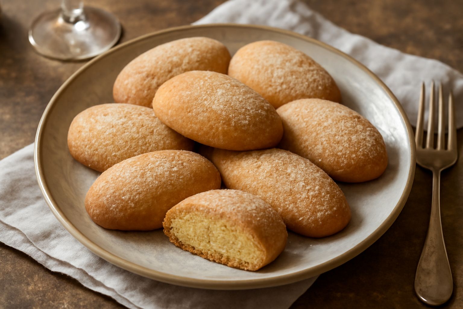 Pabasini dorati e leggermente croccanti disposti su un piatto bianco, ricoperti da una leggera patina di zucchero; sullo sfondo un bicchiere di latte e rami di basilico