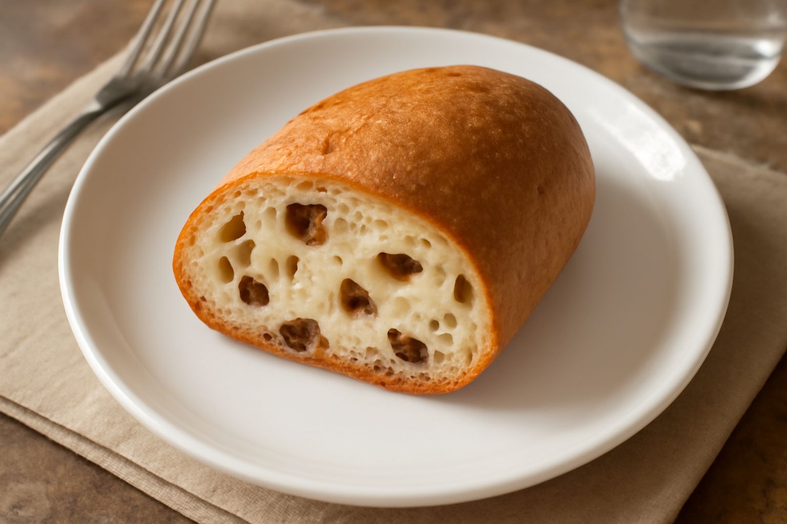 Pane pabassa appena sfornato, di forma ovale allungata, con crosta marrone dorata sottile e croccante, spezzato in due per mostrare la miga bianca con grandi alveoli irregolari