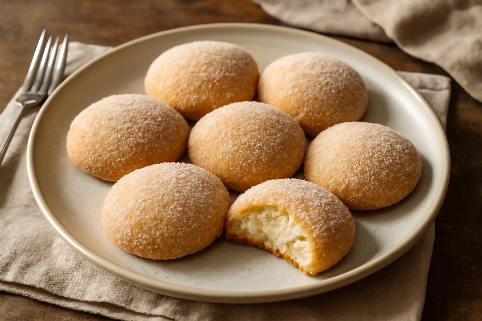 Pabassinas dorate e croccanti poggiate su una superficie di legno, ricoperte di zucchero semolato, con ricotta bianca visibile nei tagli laterali, accanto a un bicchiere di latte caldo