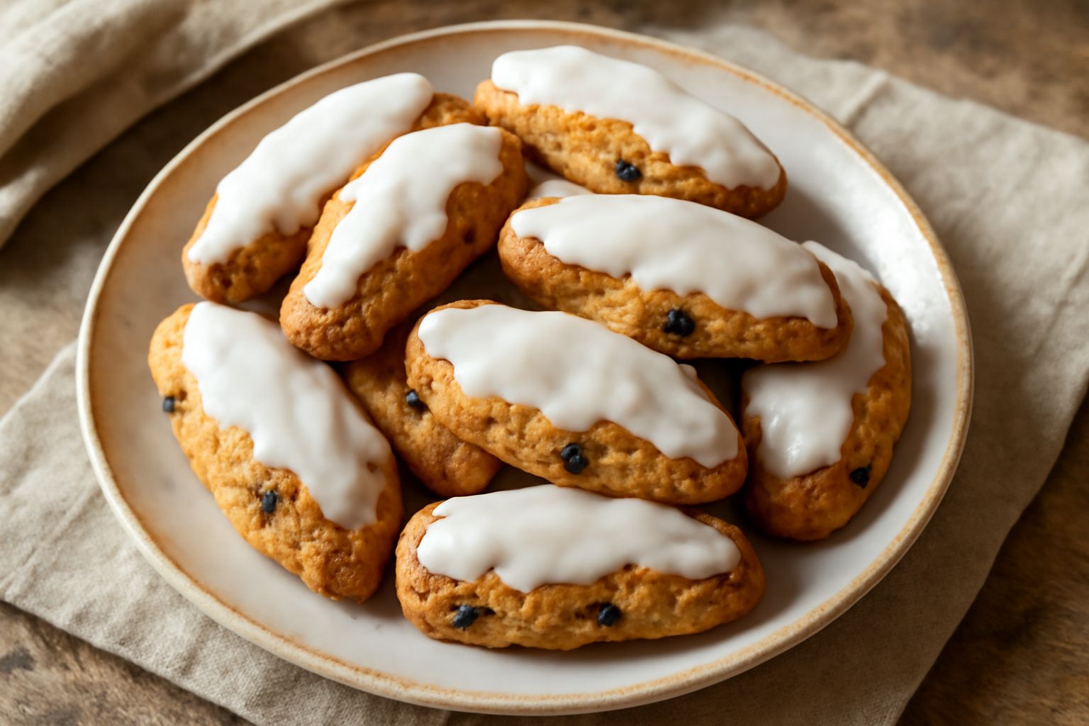 Pabassinis dorati e croccanti disposti su un piatto bianco, ricoperti di glassa opaca, con evidenti tracce di uvetta scura nella pasta