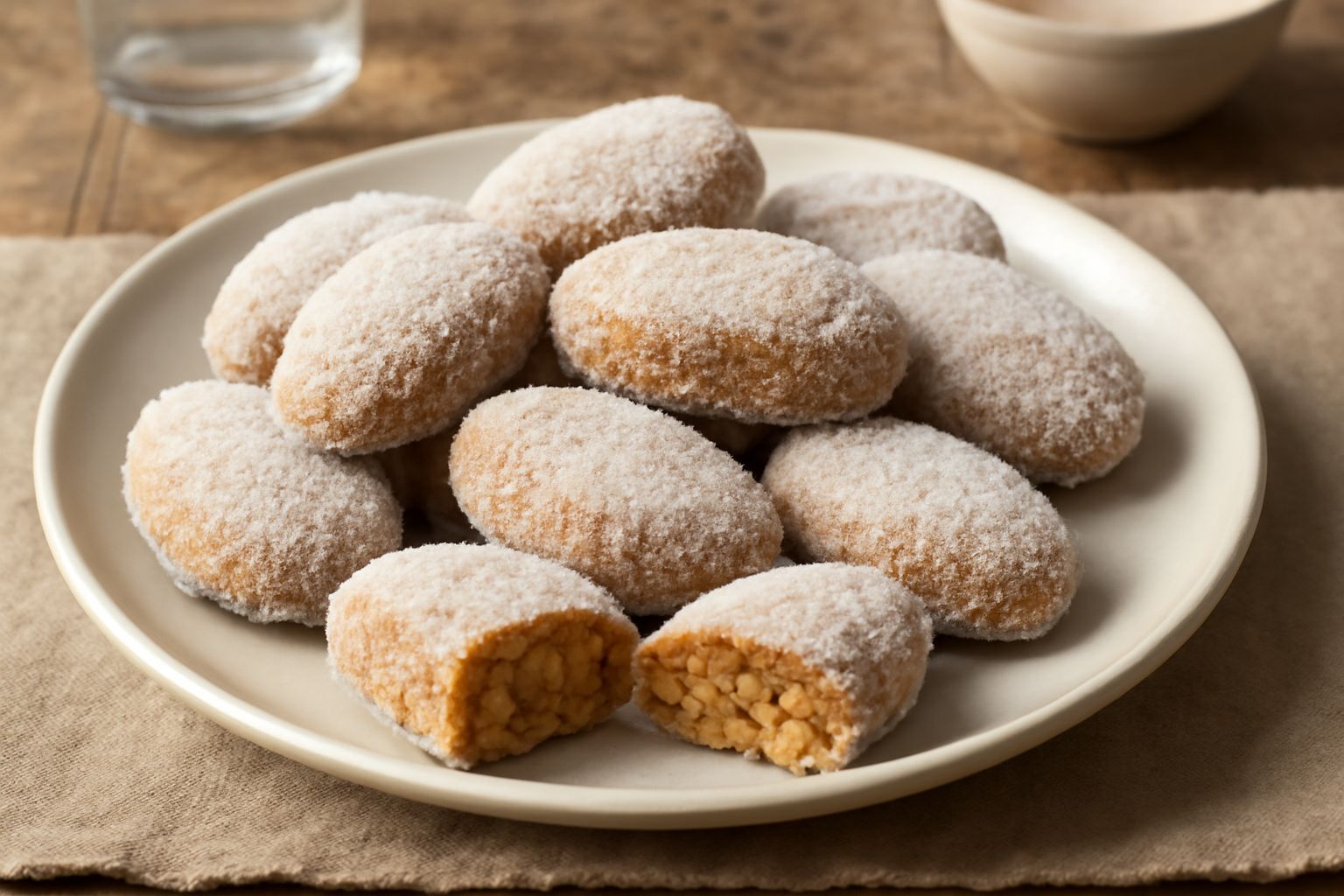 Pabassinos sardi disposti su un piatto bianco, ricoperti di zucchero granulato, forma ovale, colore nocciola dorato, con mandorle visibili, contorno leggero di zucchero bianco