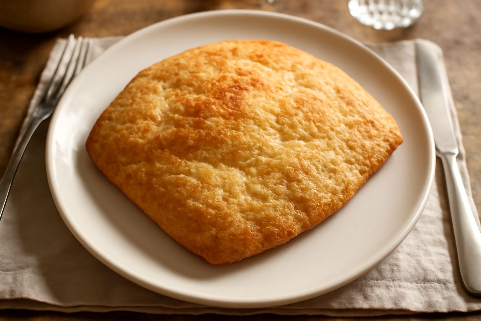 Pabasso toscano color dorato, sottile e croccante, spezzato in pezzi irregolari su un piatto di ceramica bianca, con una bottiglia di olio d'oliva sullo sfondo