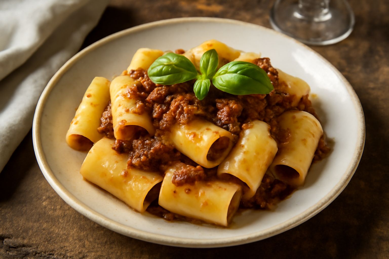 Paccheri cotti al dente in piatto bianco, conditi con ragù rosso scuro, formaggio grattugiato e basilico fresco, con un filo d'olio d'oliva lucido in superficie