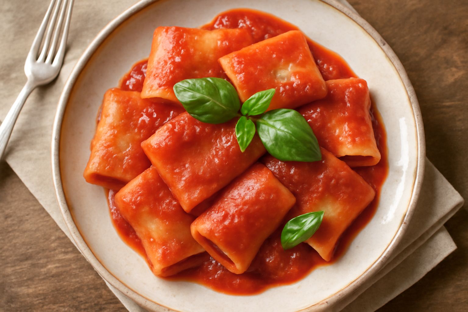 Piatto di paccheri rossi di pomodoro, con tubetti di pasta grandi e scanalati pieni di sugo di pomodoro denso, guarniti di basilico fresco verde, olio brillante in superficie, serviti in piatto bianco