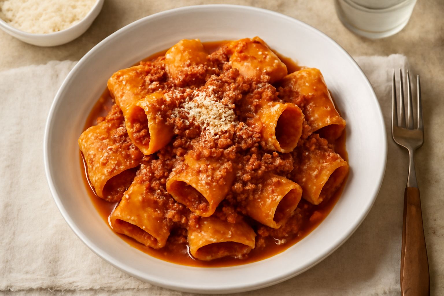 Piatto di paccheri al ragù rosso scuro, pasta tubolare riempita e ricoperta di ragù, guarnito con grana grattugiato bianco e prezzemolo verde fresco