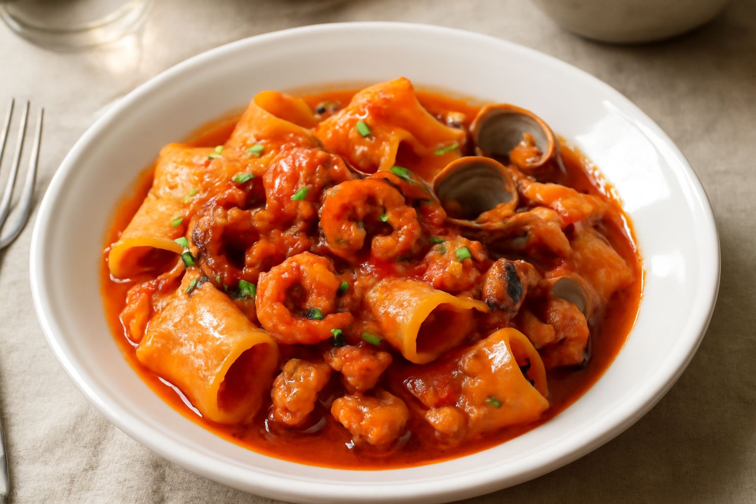 Paccheri ricolmi di sugo di pesce con gamberetti rossi, polpo bianco e vongole aperte, guarniti di prezzemolo verde fresco, serviti in un piatto bianco fondo con olio d'oliva lucente