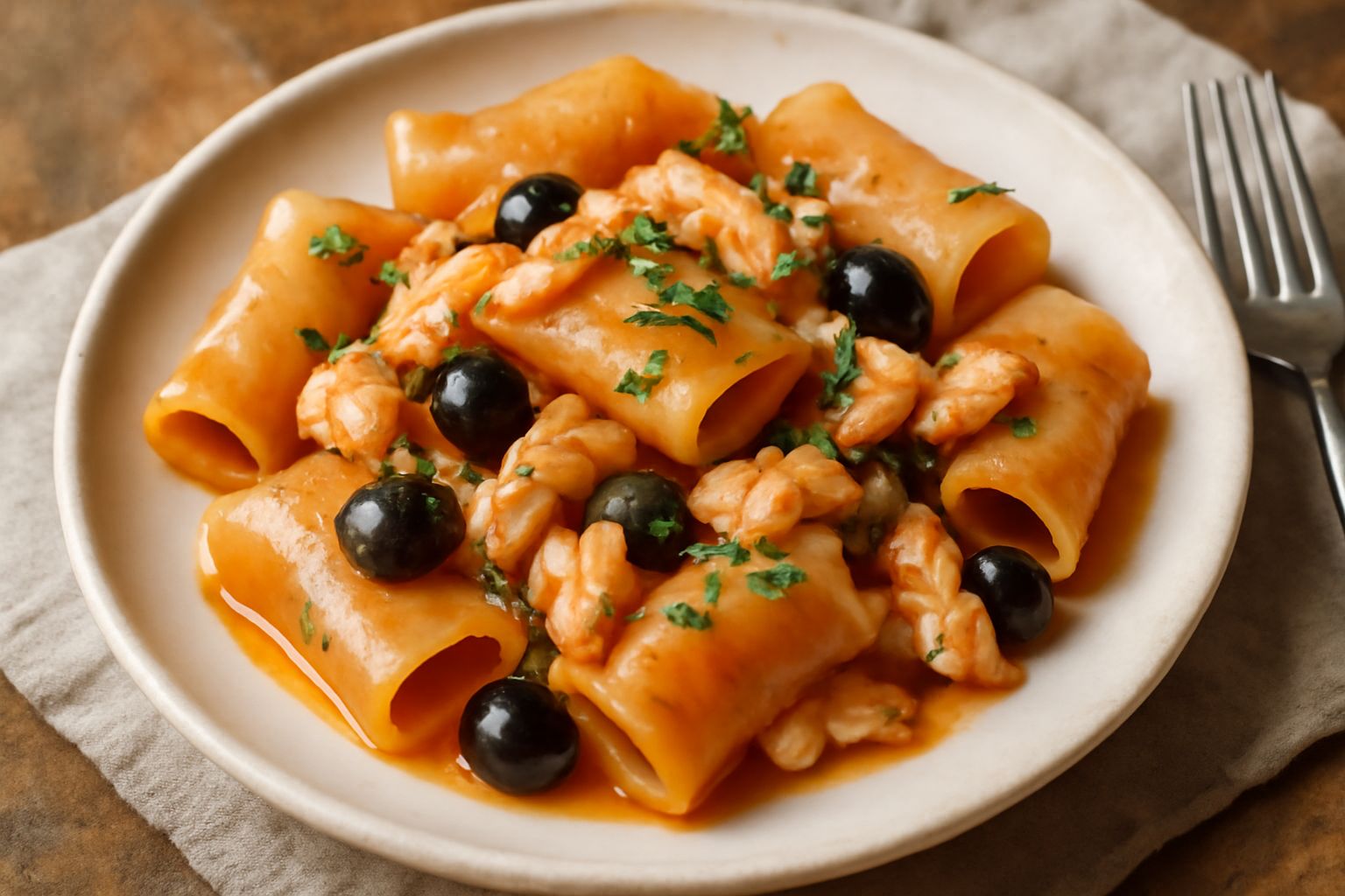Paccheri al dente ricoperti di sugo rosato con filetti di branzino bianco, olive nere tagliate, prezzemolo fresco verde e filo d'olio d'oliva, serviti in piatto bianco fondo.