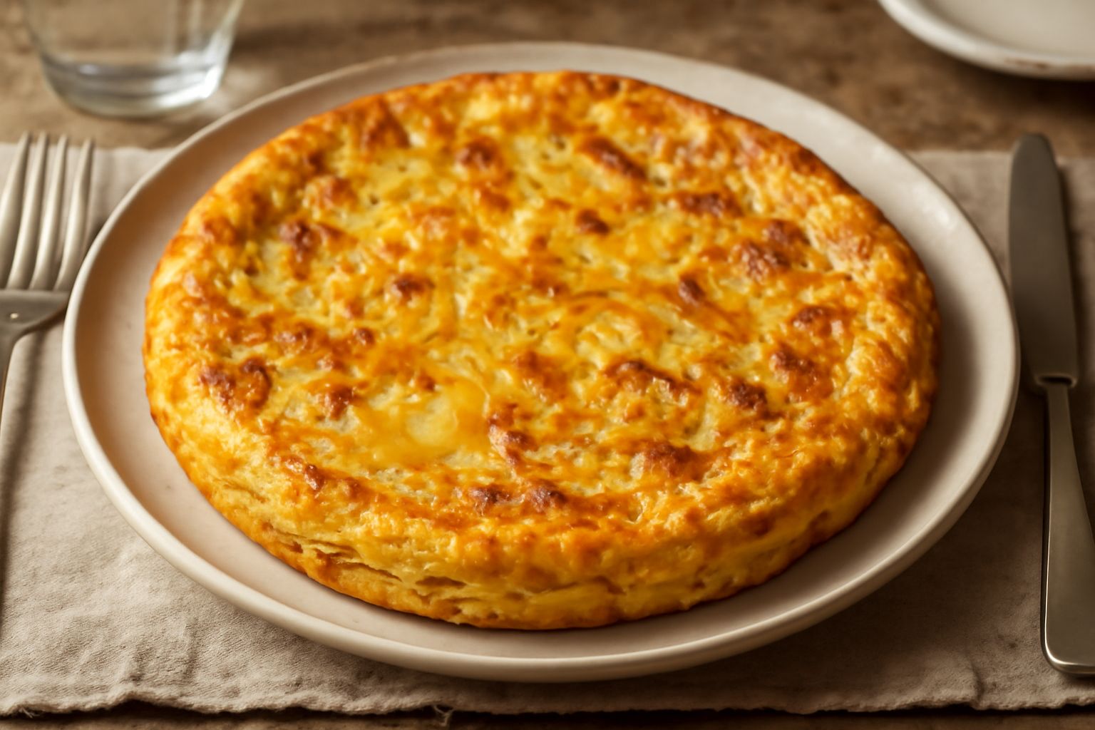 Frittata paesana con patate tagliate a fette sottili, cipolle dorate e formaggio fuso, servita in tegame di ferro nero con bordi croccanti dorati e interno morbido visibile al taglio.