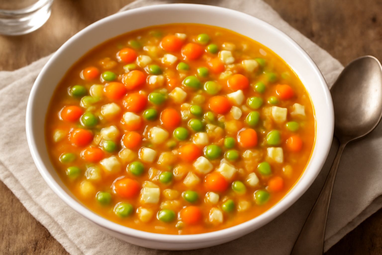 Zuppa densa in ciotola bianca con verdure arancioni, gialle e verdi visibili in brodo trasparente, pasta di piccolo formato sparsa in superficie, cucchiaio in acciaio inox sul piatto, fondo grigio chi