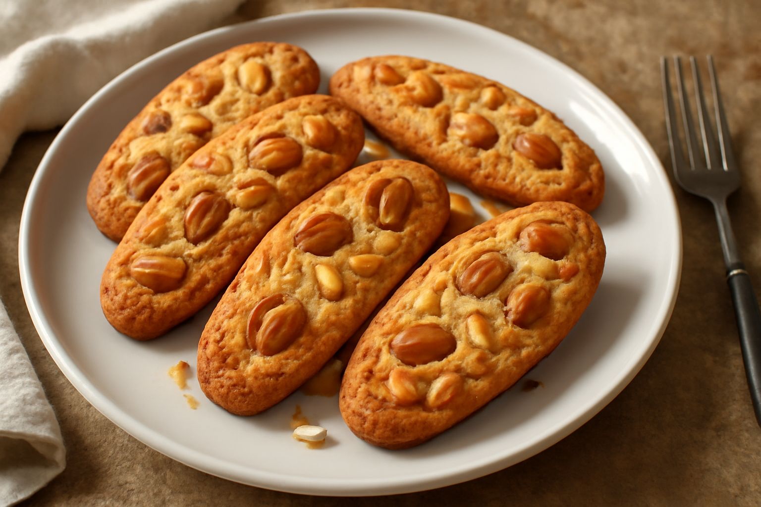 Paesanetti disposti su un piatto bianco, biscotti ovali dorati con mandorle intere visibili in superficie, sfondo neutro con una tazza di caffè sfuocata