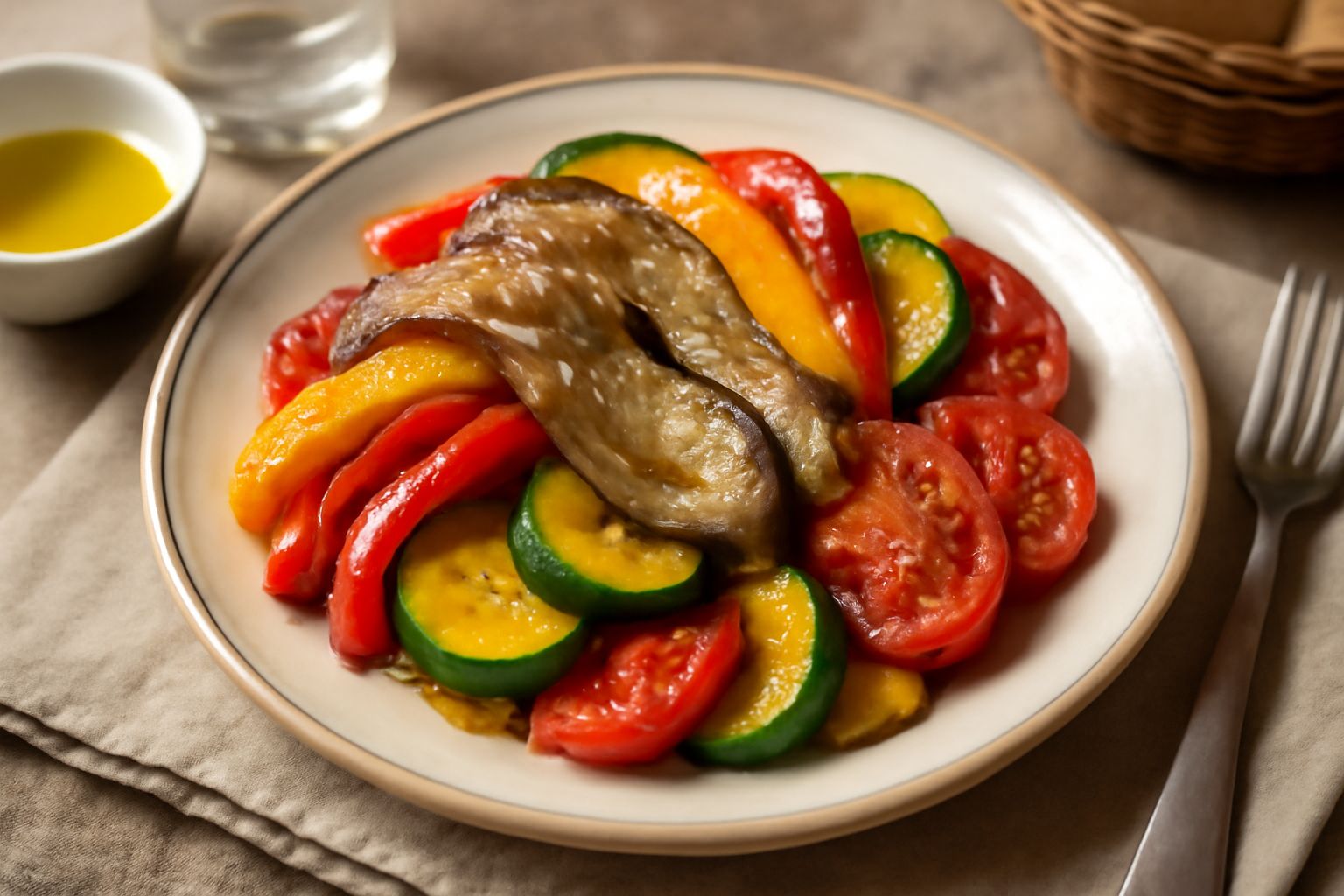 Paesano di verdure miste in piatto bianco: fette di melanzane grigio-viola, peperoni rossi e gialli brillanti, zucchine verde smeraldo, pomodori rossi brillanti, il tutto lucido d'olio con foglie di p