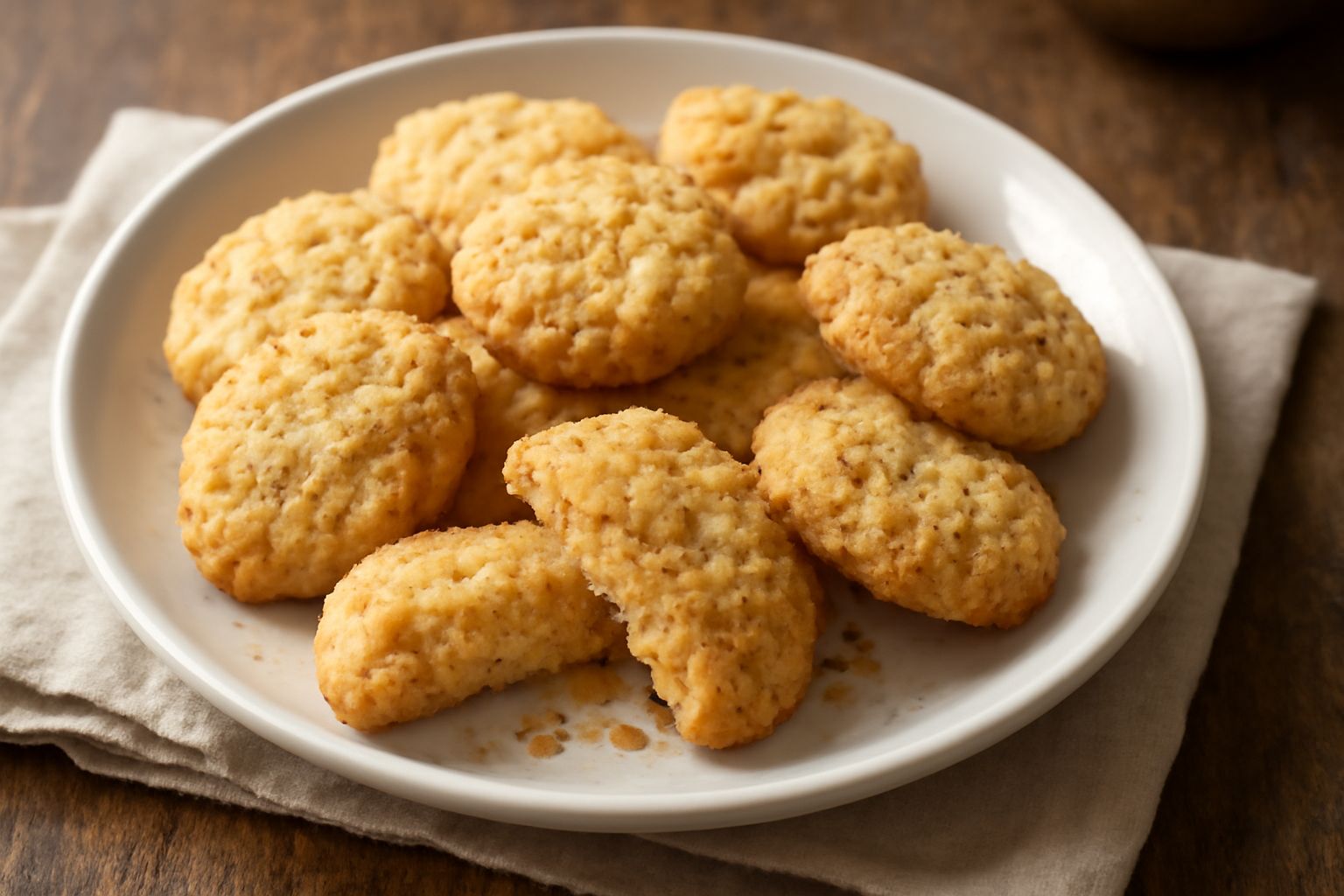 Pagadebit dorati e croccanti disposti su una carta da forno bianca, con una texture friabile visibile, accanto a un bicchiere di vino bianco e qualche grano di pepe nero sparso