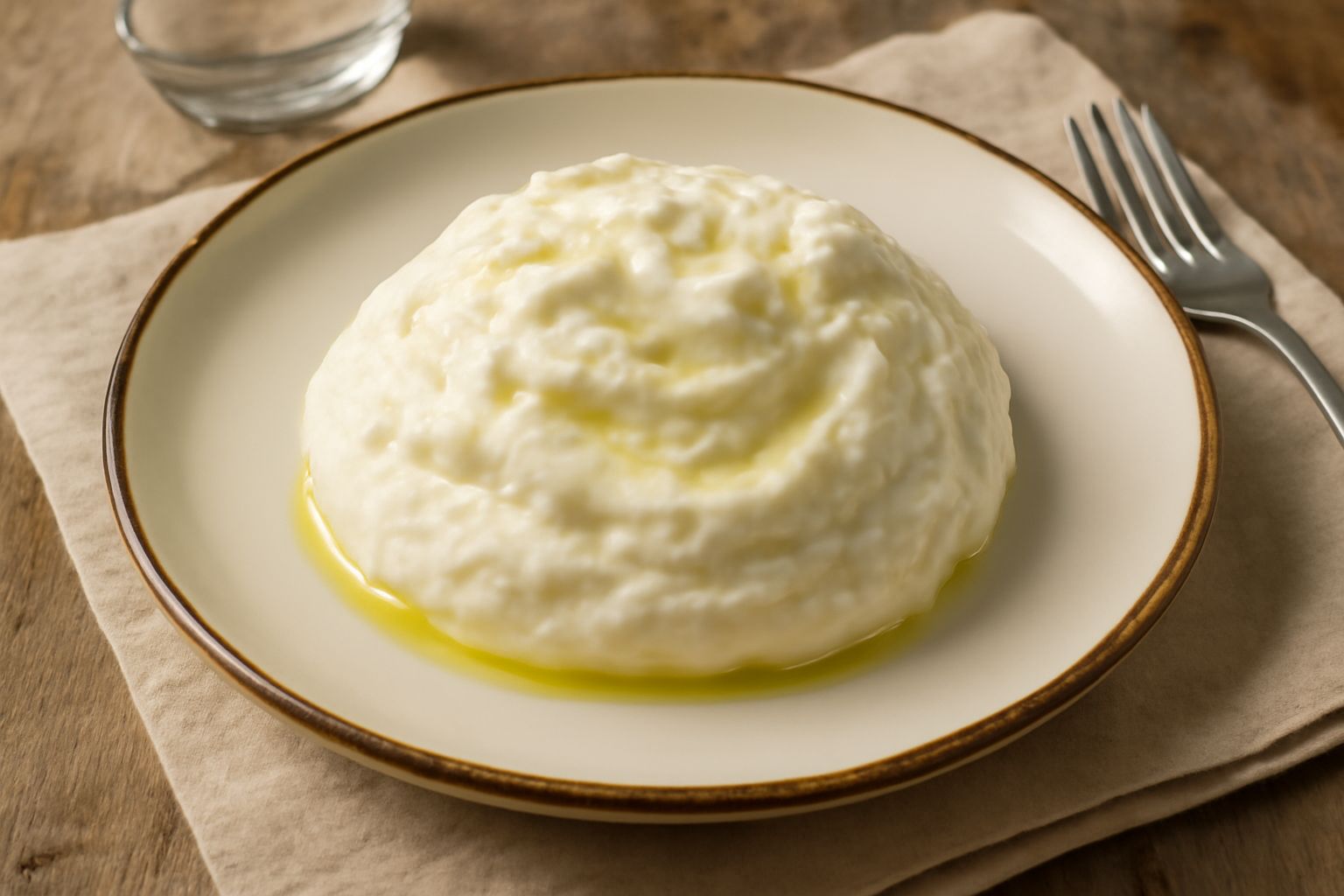 Pagadebit appena preparato in una ciotola di ceramica bianca, di colore bianco latteo con consistenza cremosa, accompagnato da una cucchiaiata di miele scuro e fette di pane tostato su un tavolo in le