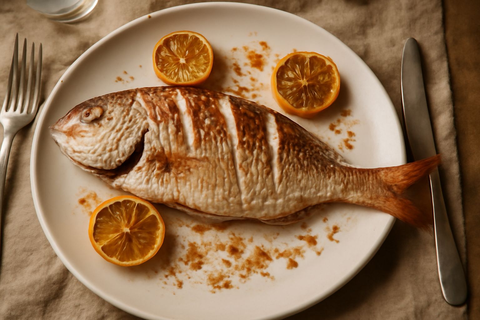 Pagello intero dorato al forno su piatto bianco, contornato da limone fresco a fette, rosmarino e timo, con pelle croccante visibile e carne bianca che emerge da una leggera incisione