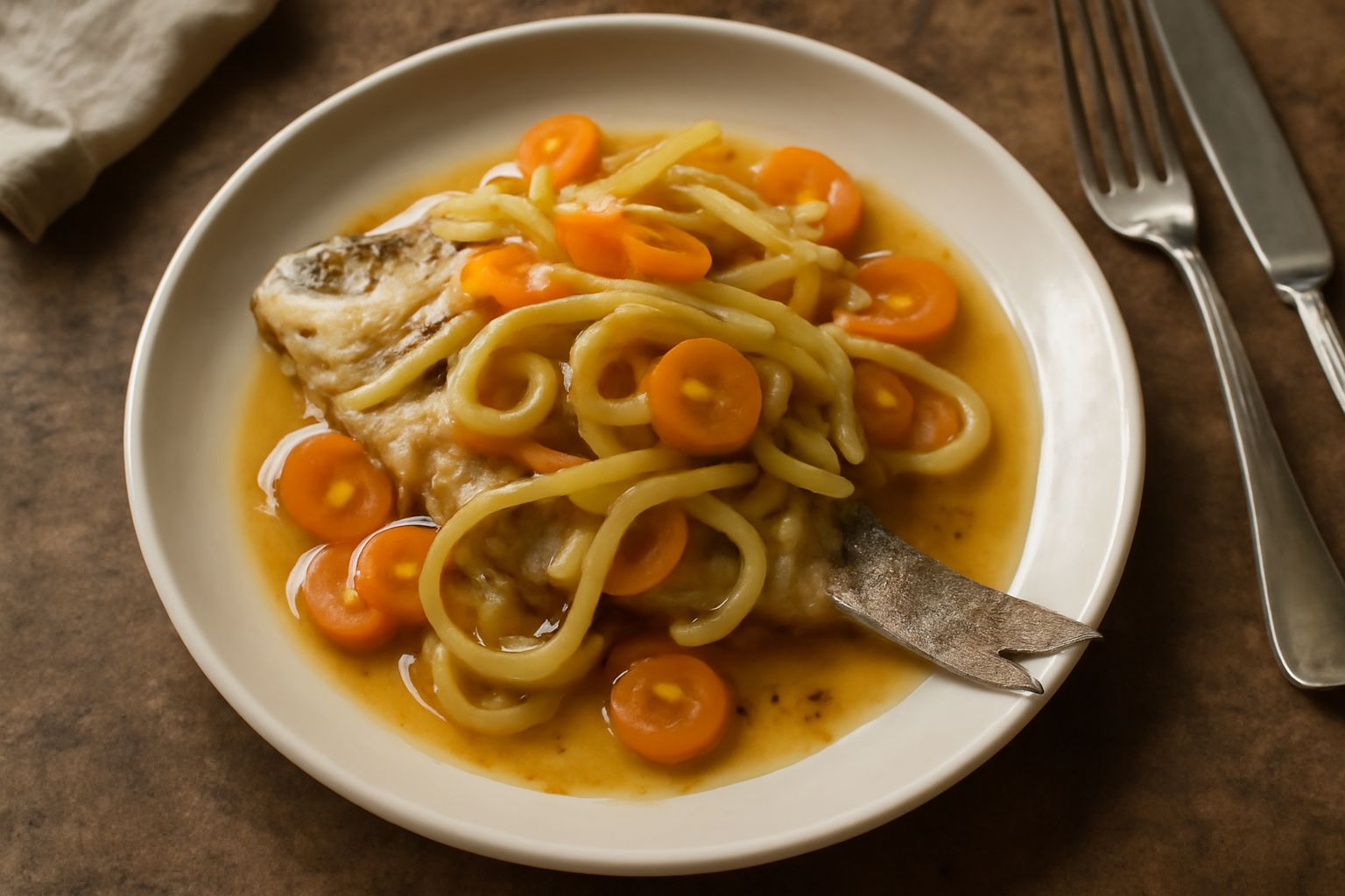 Filetti di pagello dorato in un piatto bianco con mariata di aceto trasparente, fettine di cipolla e grani di pepe nero visibili