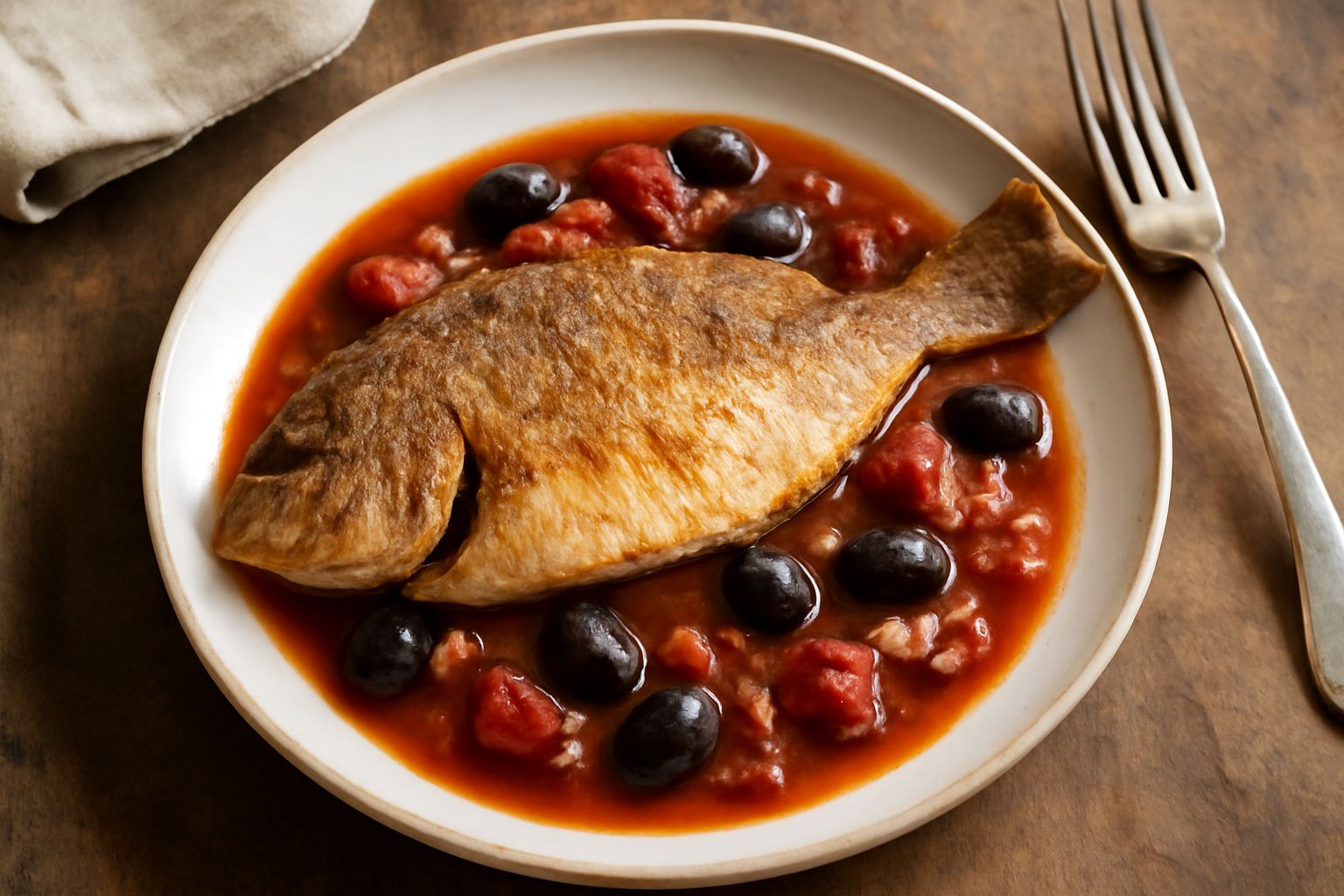 Un pagello intero cotto in umido in una padella larga, circondat da pomodori rossi, olive nere e cipolla, coperto da salsa dorata, con erba cipollina e fette di limone intorno