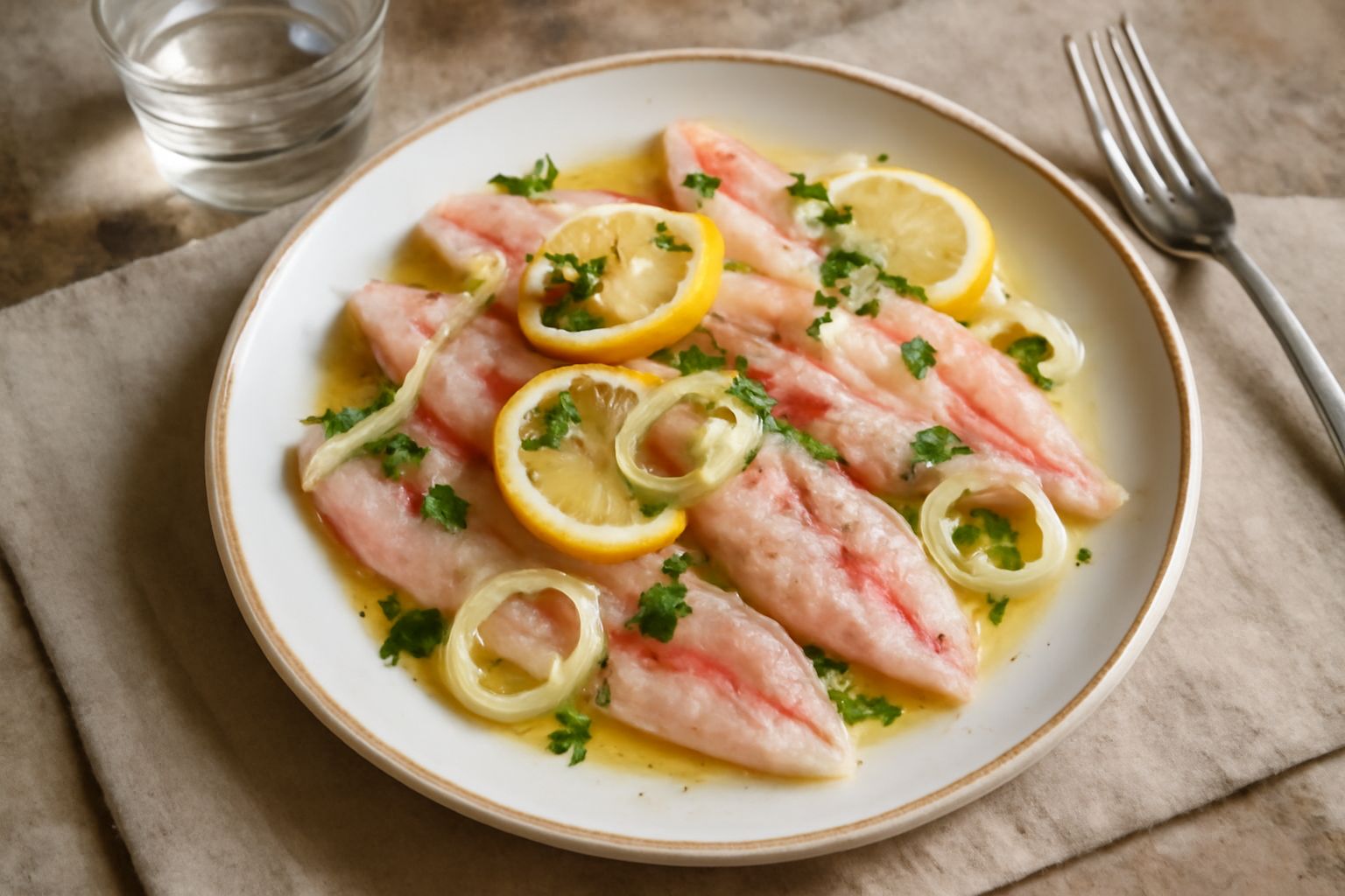 Fette di pagello rosato e traslucido in un piatto bianco con scaglie di aglio, prezzemolo fresco e gocce di olio d'oliva dorato. Una fetta di limone in alto a destra.