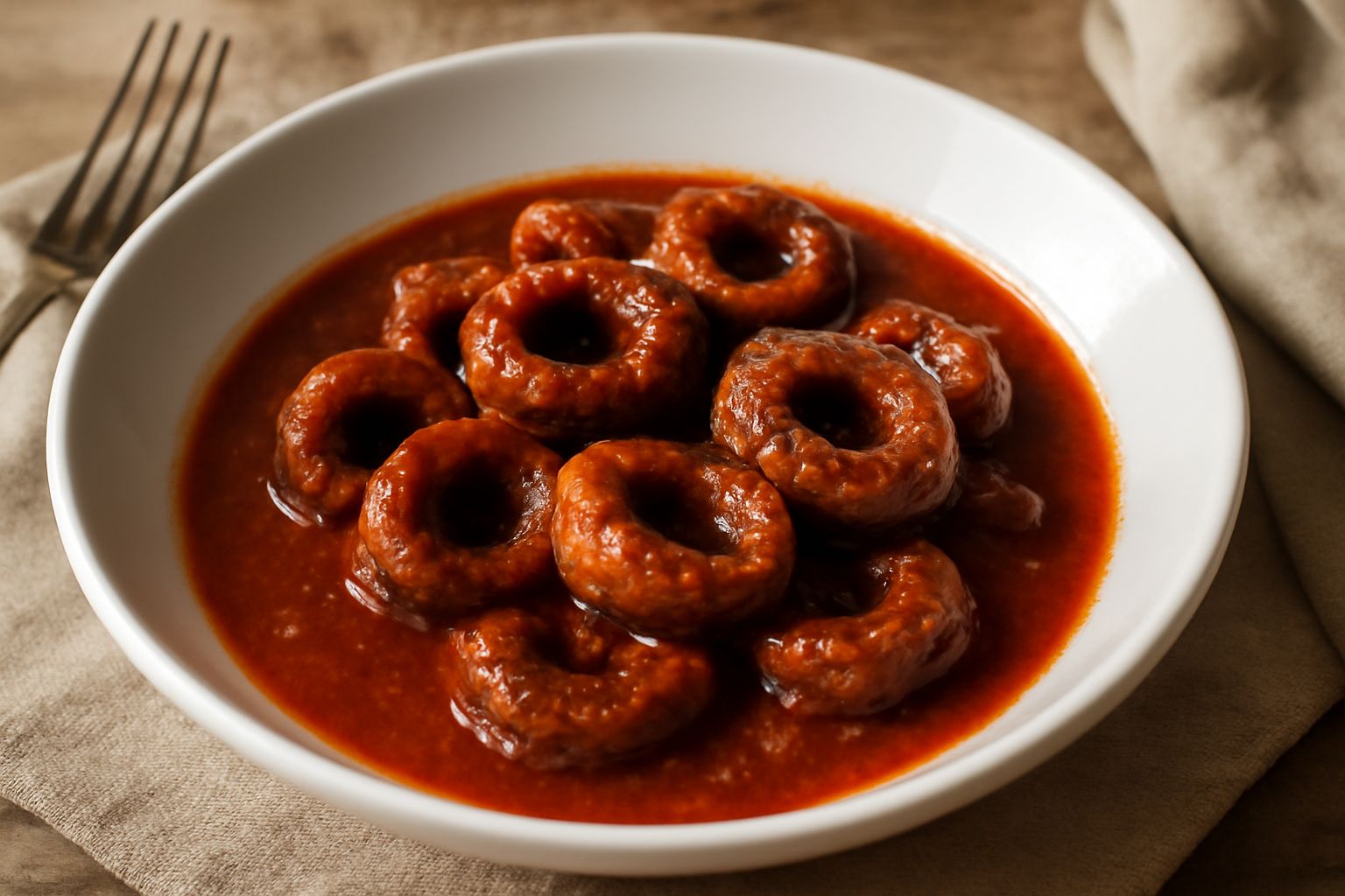 Pagliata cotta in umido con sugo di pomodoro, pezzi di intestino arrotolati e dorati in un piatto fondo bianco, guarnita con prezzemolo fresco verde