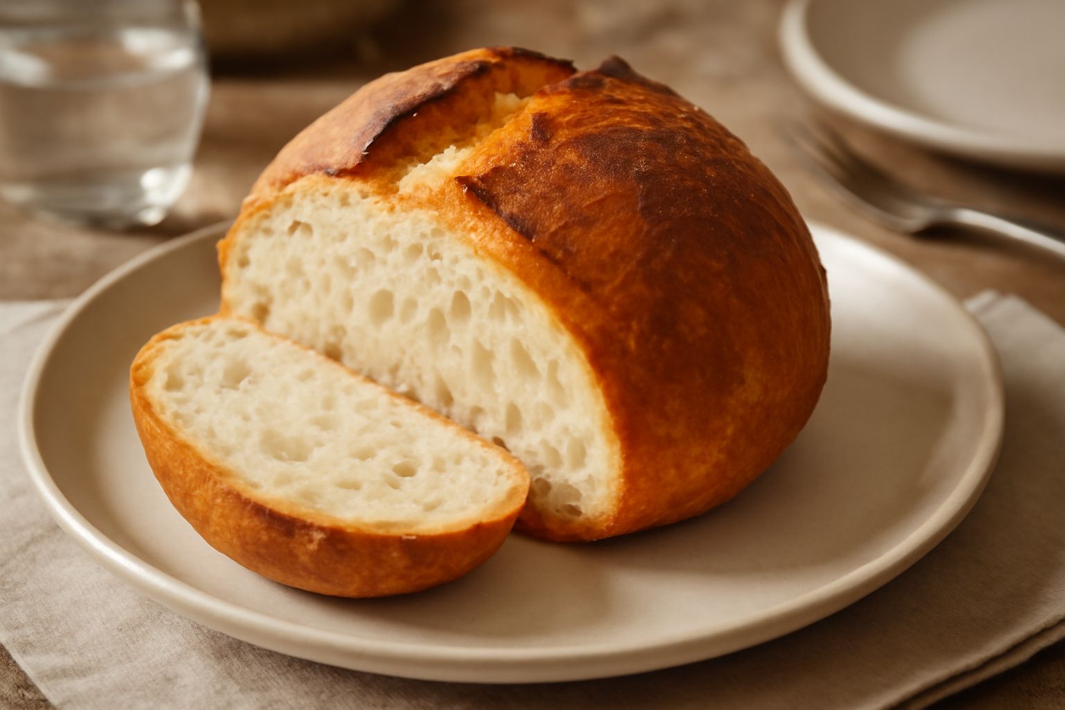 Pagnotta tonda dorata con crosta croccante, spezzata in due metà, che mostra l'interno bianco e poroso ancora fumante, appoggiata su una tavola di legno con spighe di grano attorno