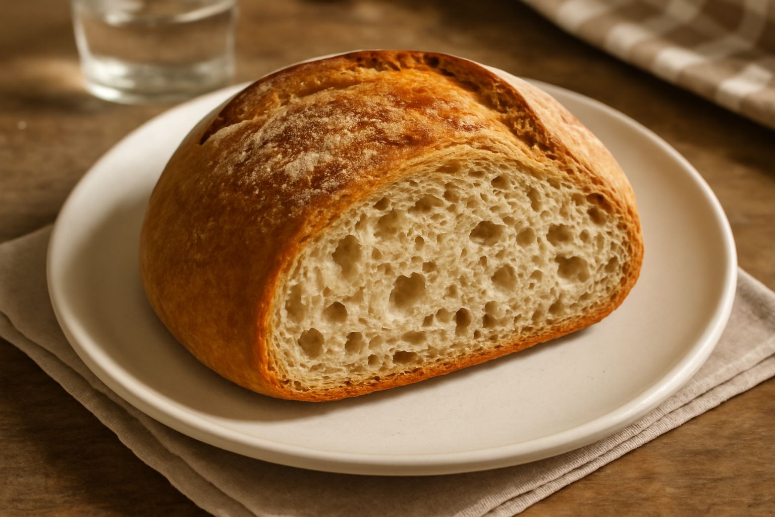 Pagnotta ascolana rotonda e dorata appena sfornata, posata su un canovaccio di lino bianco, con crosta croccante visibile e leggero fumo di vapore che sale, sfondo di legno scuro