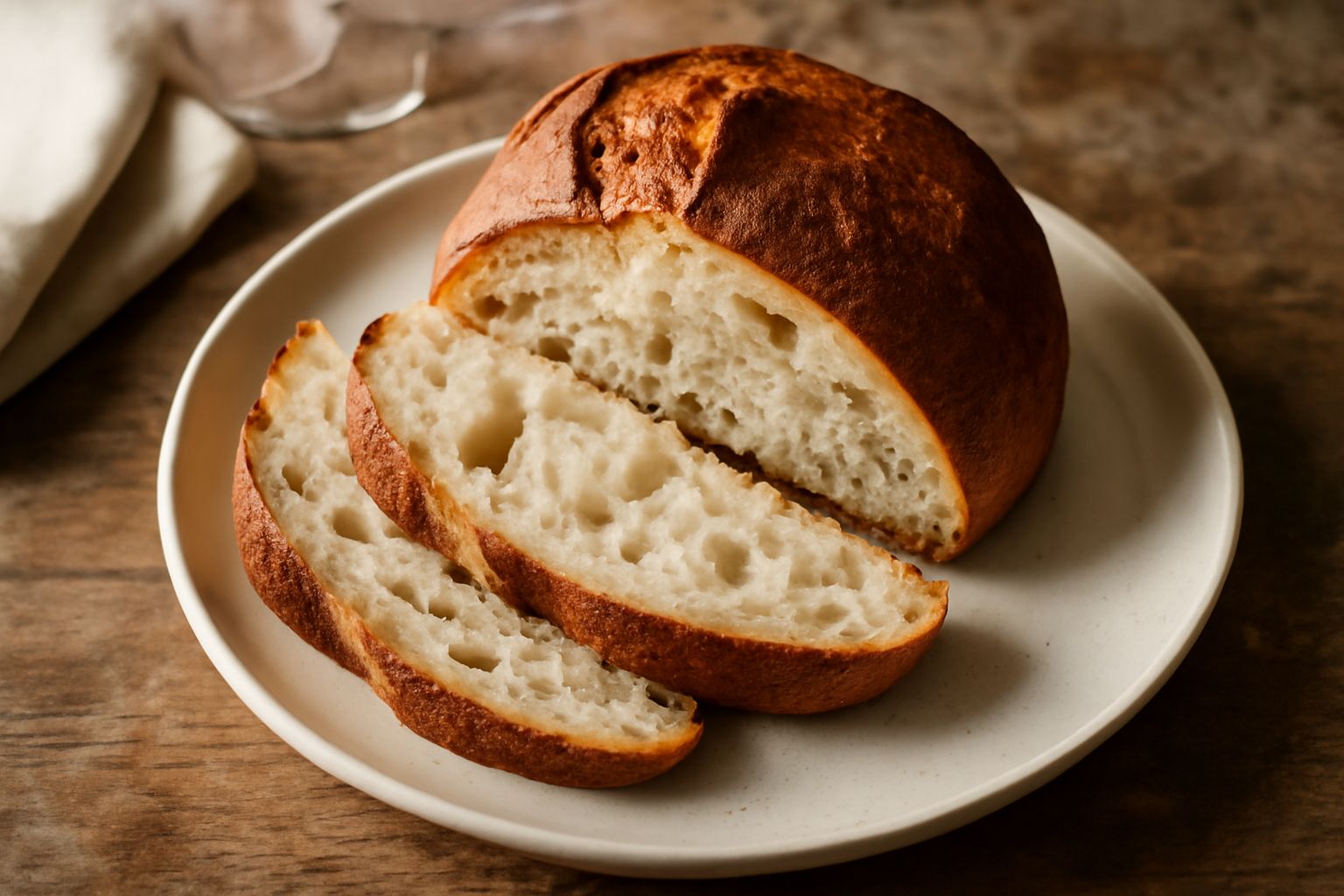 Pagnotta calabrese tonda appena sfornata, con crosta color nocciola scuro, screpolature caratteristiche sulla sommità, poggiata su una tavola di legno chiaro con accanto un coltello da pane