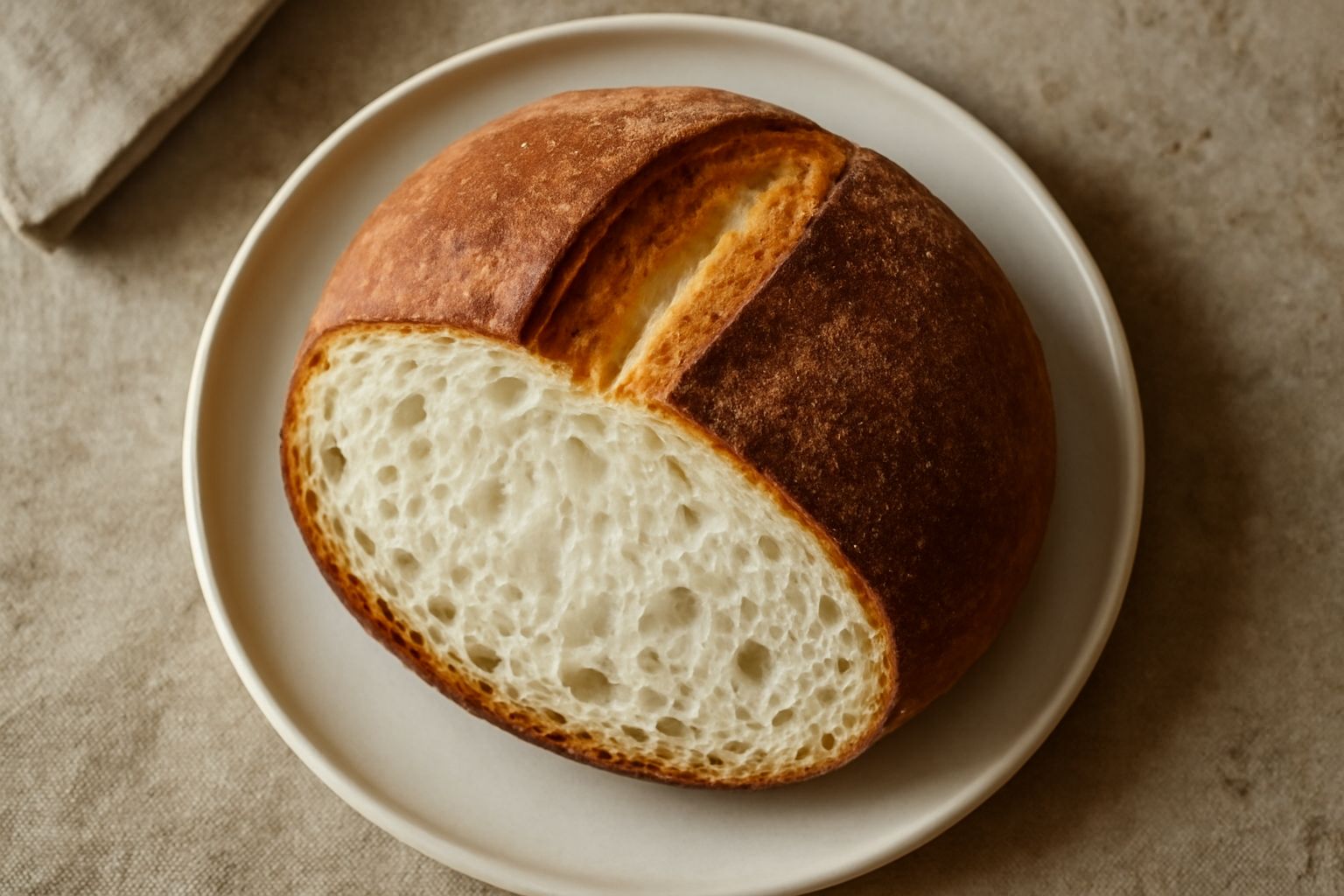 Pagnotta casertana tonda e dorata su superficie scura, con crosta croccante dorata e spacco caratteristico sulla sommità, fetta tagliata che mostra mollica bianca e soffice