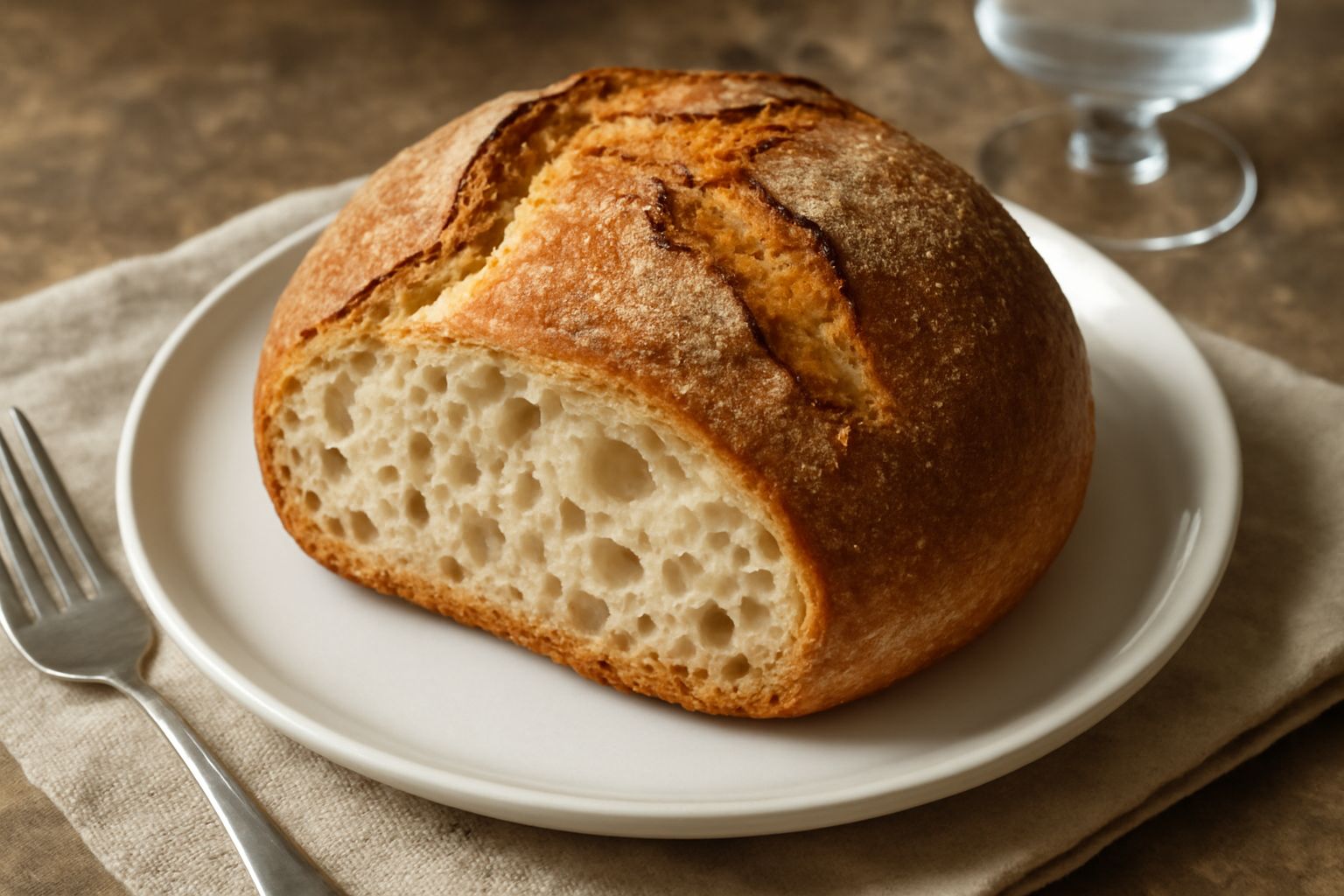 Una pagnotta tonda e rustica color nocciola con crosta croccante e screpolature, posata su una tavola di legno, spezzata in due per mostrare l'interno soffice e alveolato beige