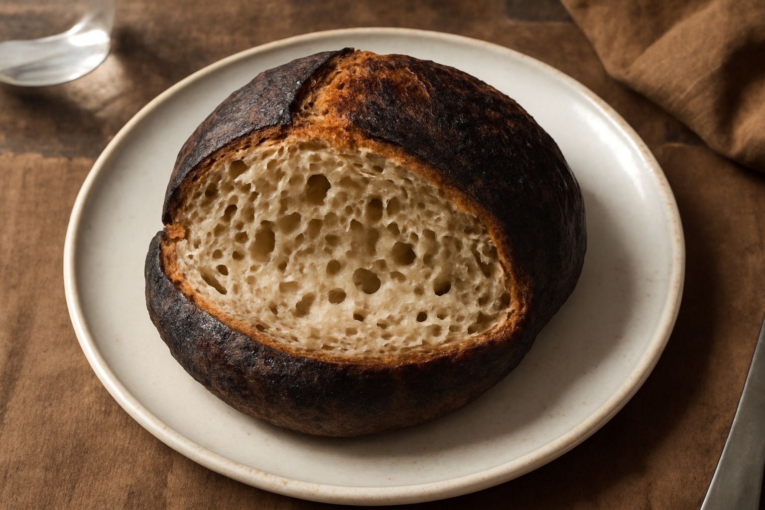 Una pagnotta tonda di pane scuro con crosta croccante e caramellata, tagliata a metà, che mostra l'interno beige con alveoli irregolari. Posata su una tavola di legno bianco accanto a spighe di grano.