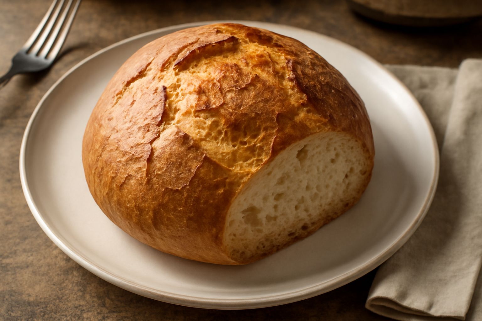 Pagnotta di Anacapri appena sfornata, forma rotonda compatta, crosta dorata scura con screpolature superficiali, posta su un tavolo di legno naturale con una ciotola di sale marino accanto