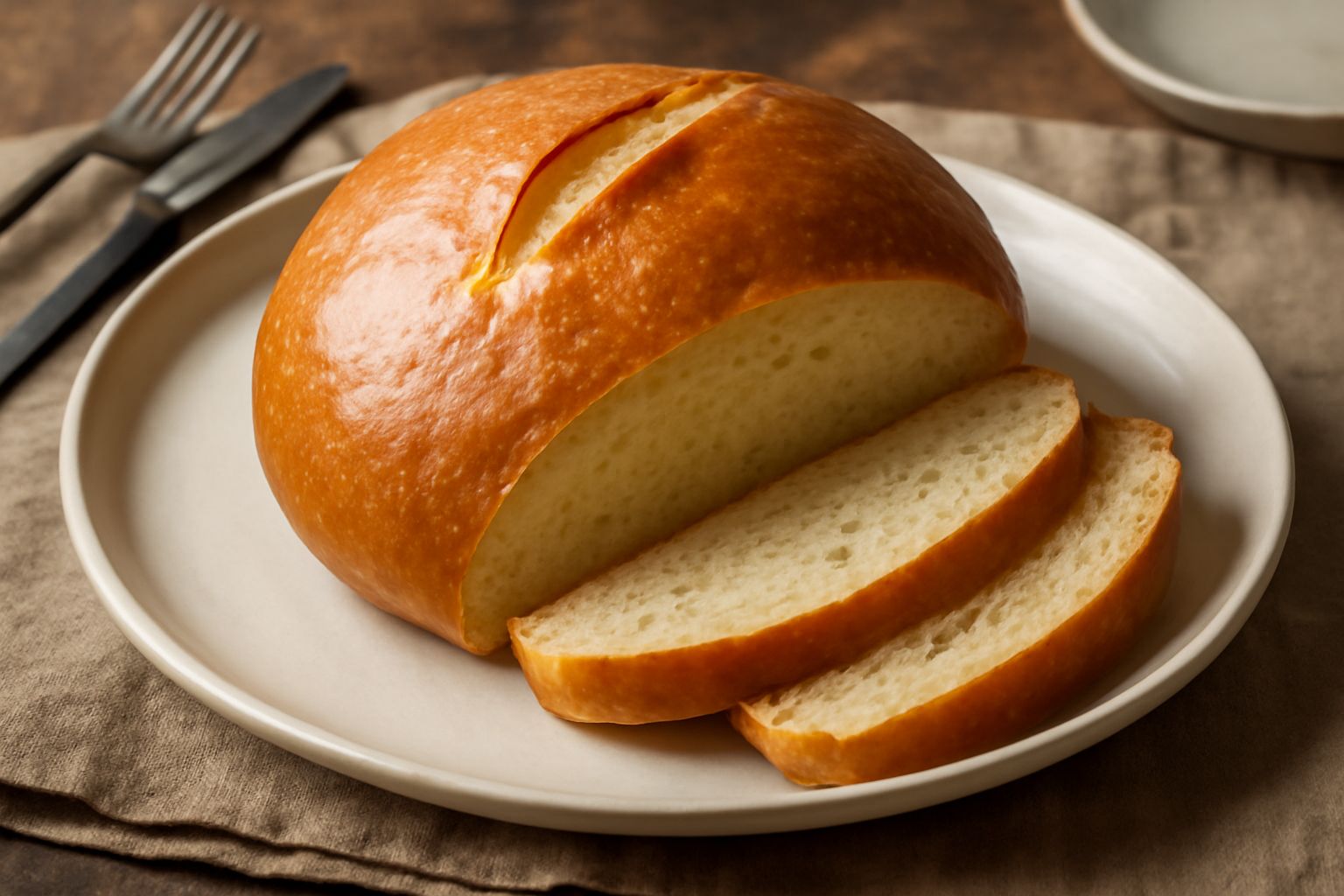 Pagnotta di semola intera dal taglio superiore visibile, crosta dorata e lucida, forma tonda e regolare, su un canovaccio bianco a lino, con un coltello da pane accanto