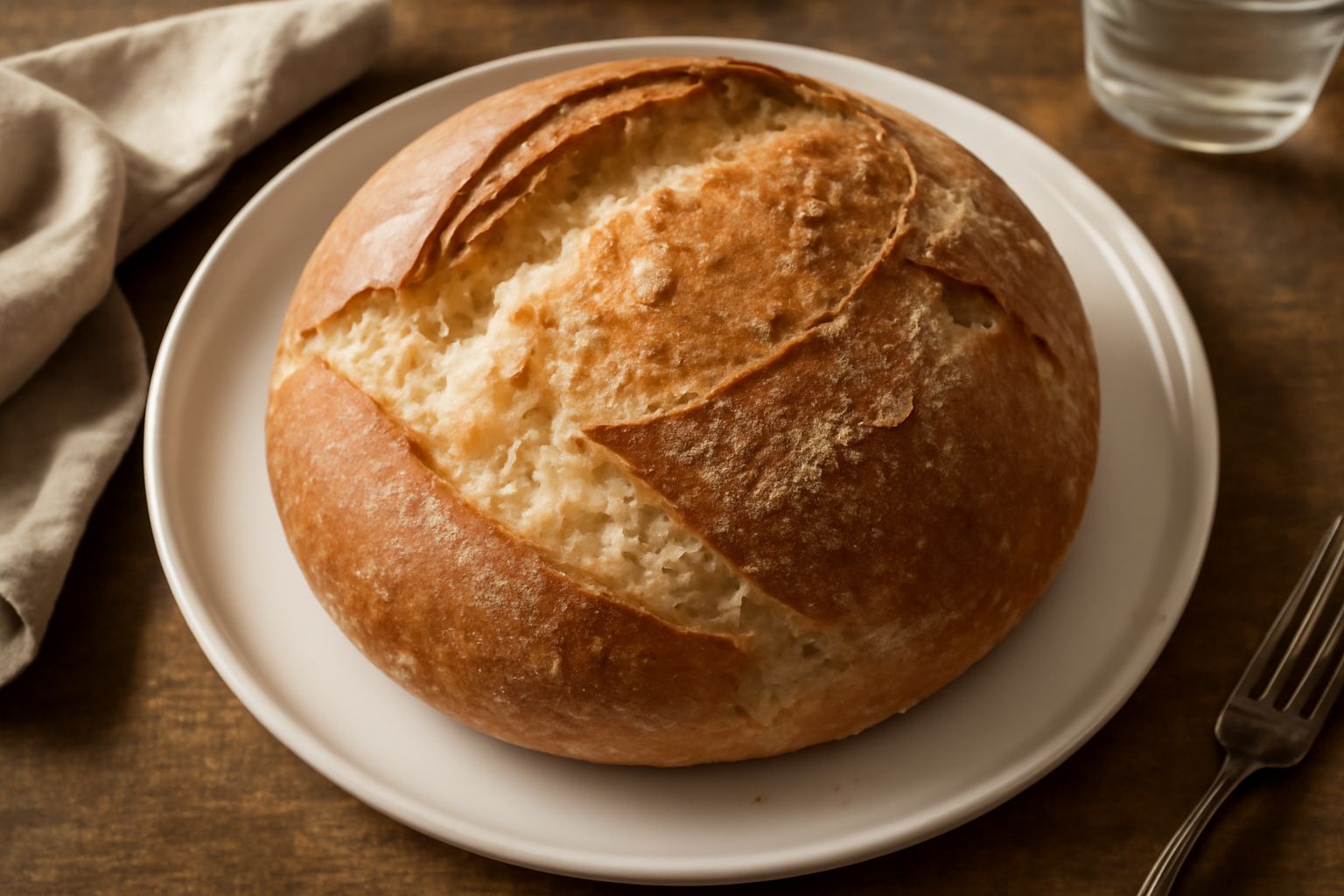 Una pagnotta di Teramo intera tagliata a metà su un tavolo di legno, crosta dorata e screpolata, mollica bianca e alveolata, accanto spighe di grano