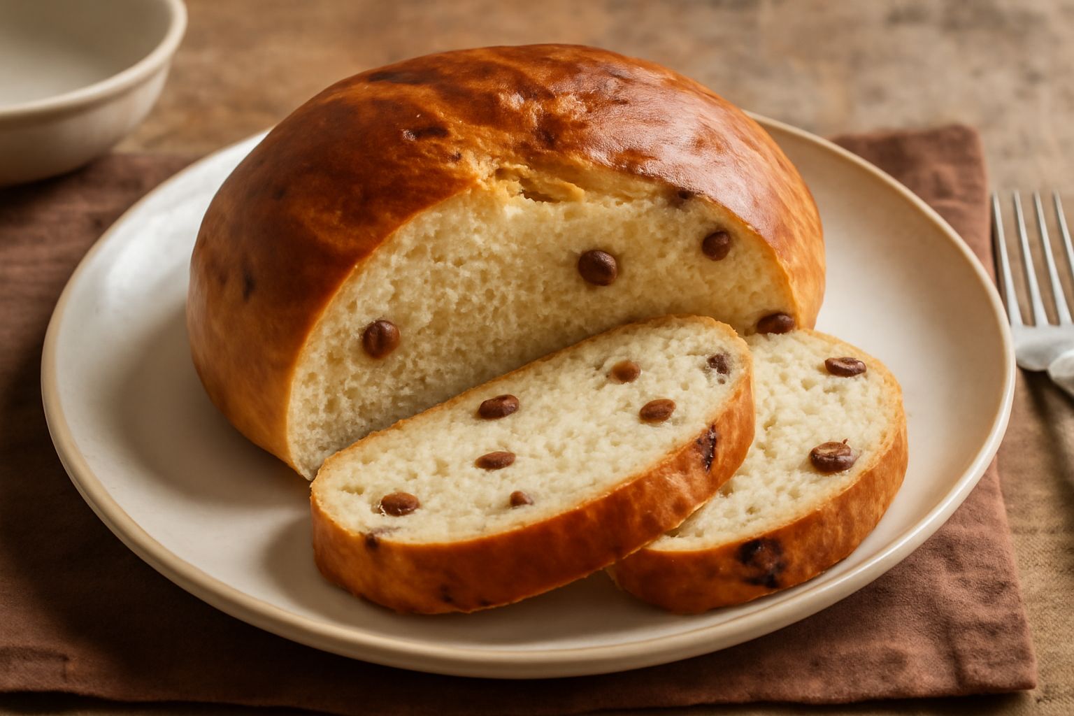 Pagnotta dolce con crosta dorata, forma arrotondata, uva passa visibile in superficie, su un piatto bianco con fette tagliate accanto