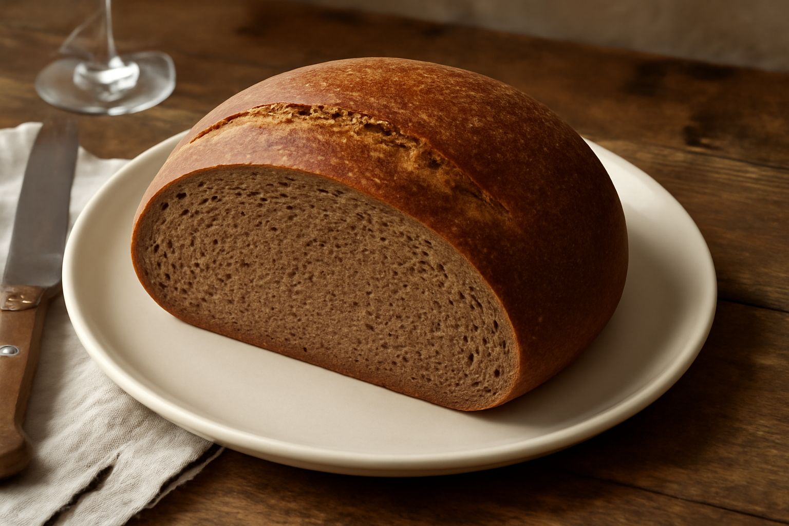 Pagnotta integrale rotonda e dorata poggiata su tela bianca, spezzata in due per mostrare la mollica scura e compatta, con chicchi di grano sparse accanto