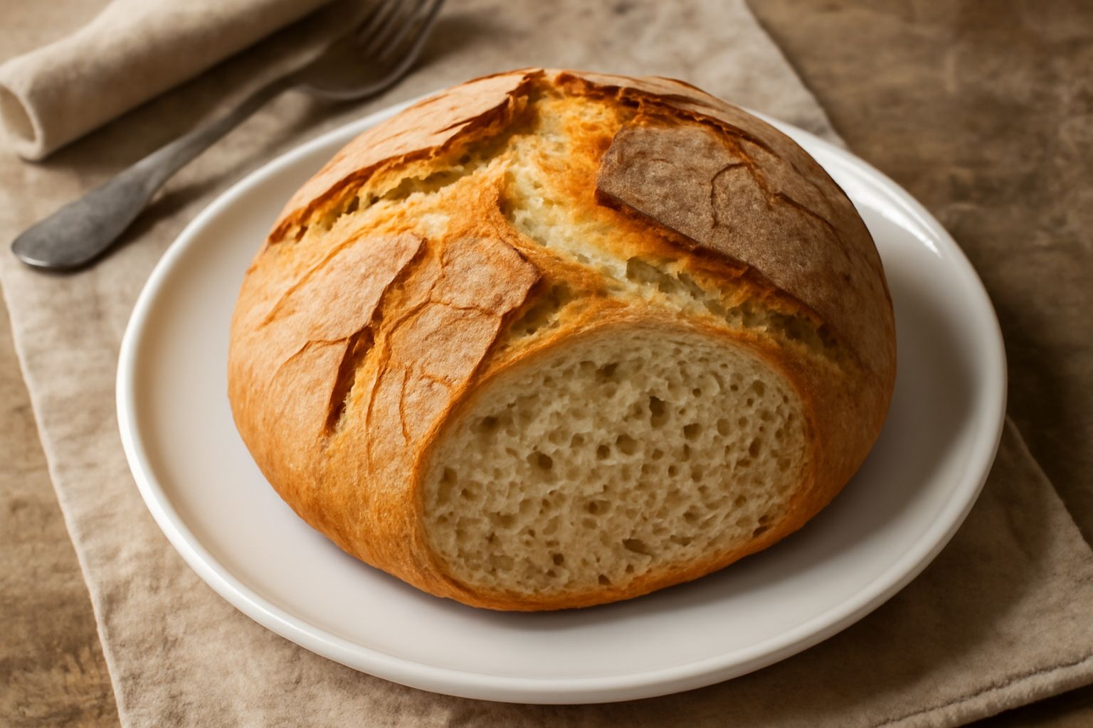 Pagnotta mantovana intera color oro scuro su una superficie bianca, forma tonda regolare, crosta marcata da crepe naturali, spicchio tagliato che mostra mollica color avorio con buchi irregolari