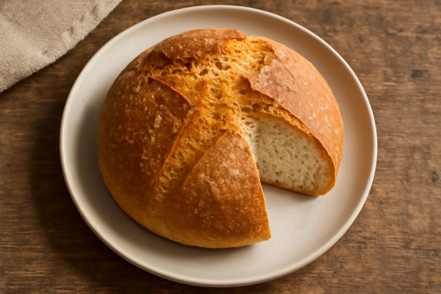 Pagnotta marsalese rotonda e dorata su un tavolo di legno scuro, con una porzione tagliata che mostra l'interno soffice color crema e la crosta croccante marrone