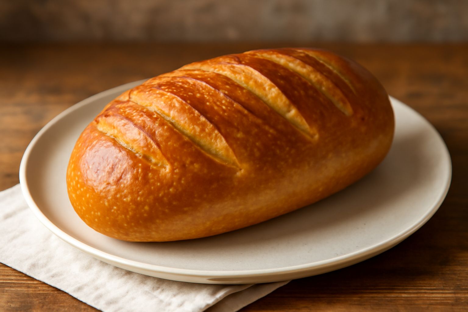 Pagnotta ovale appena sfornata su fondo di legno, con crosta dorata uniforme e caratteristiche rigature parallele, vapor ancora visibile, taglio fresco mostra mollica bianca e alveolata