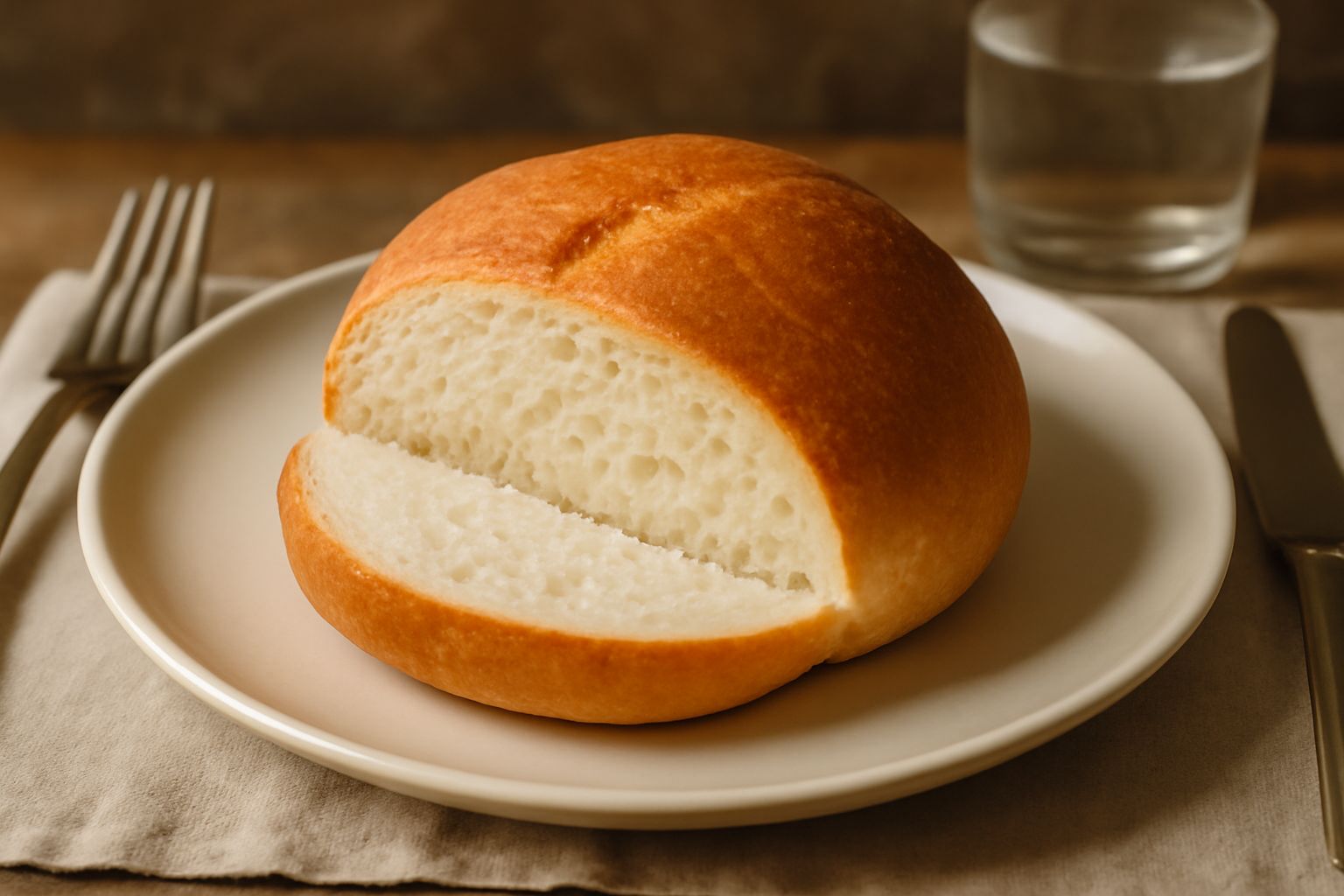 Pagnotta romana rotonda con crosta dorata e brillante, intera e mezza, su tavolo di legno con farina sparsa intorno e luce naturale