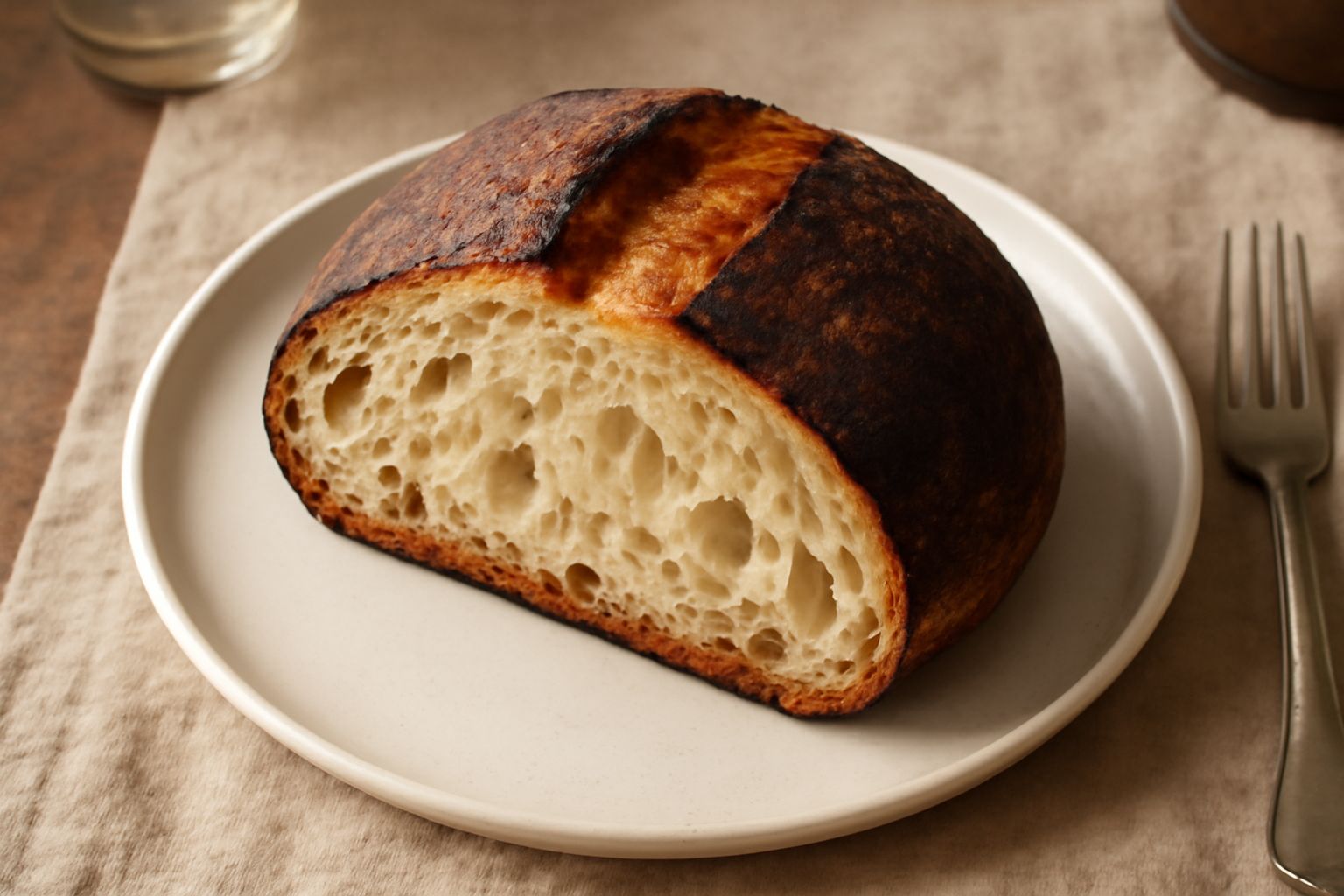 Pagnotta sorrentina intera appena sfornata, rotonda e massiccia, con crosta color castagna scuro, spaccatura al vertice e farina bianca residua, appoggiata su tavolo in legno accanto a spighe di grano