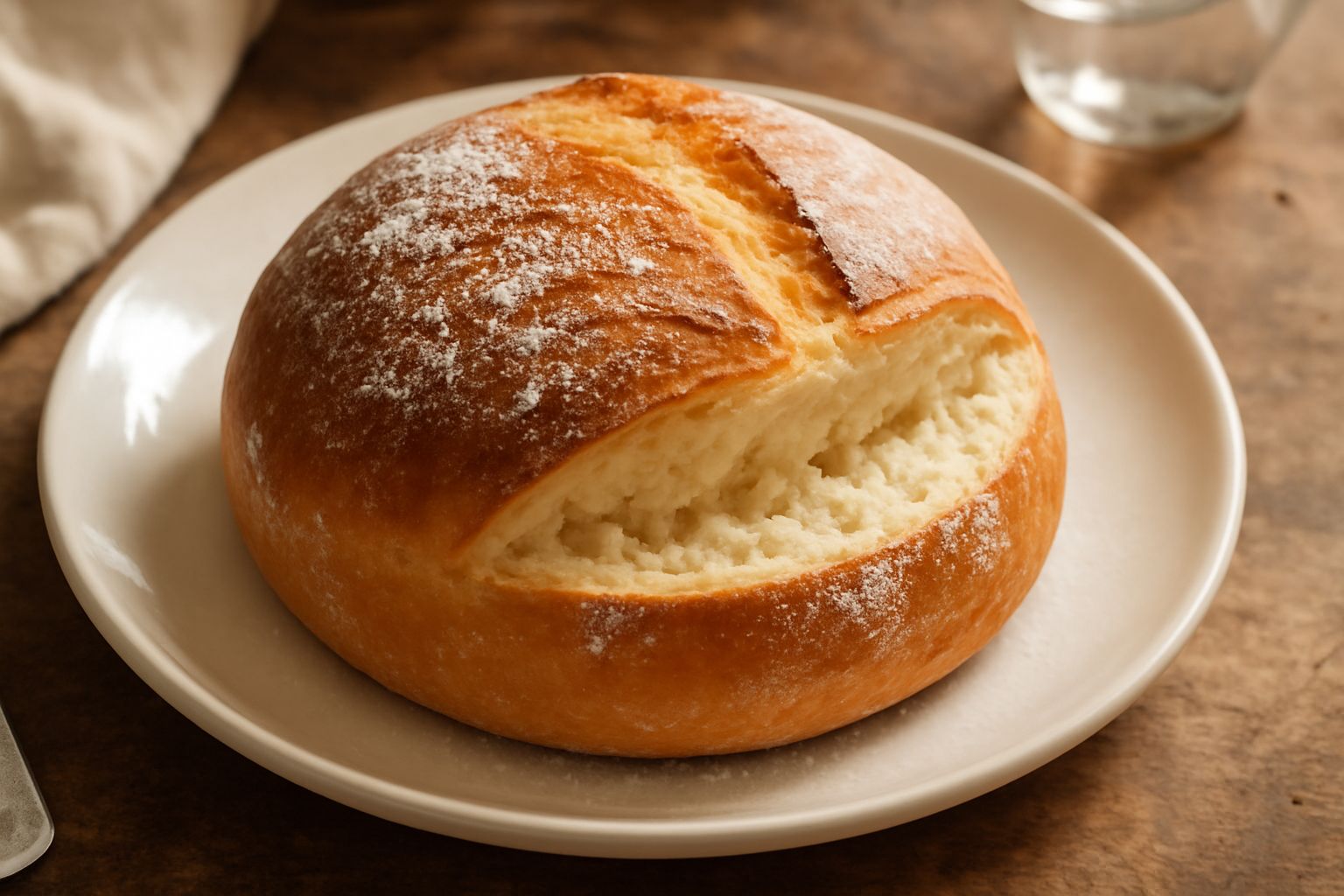 Pagnotta tonda con crosta dorata, appena sfornata, intera su un piatto bianco. La forma è regolarmente tonda, la superficie ha un leggero reticolo di farina, il colore è marrone uniforme.