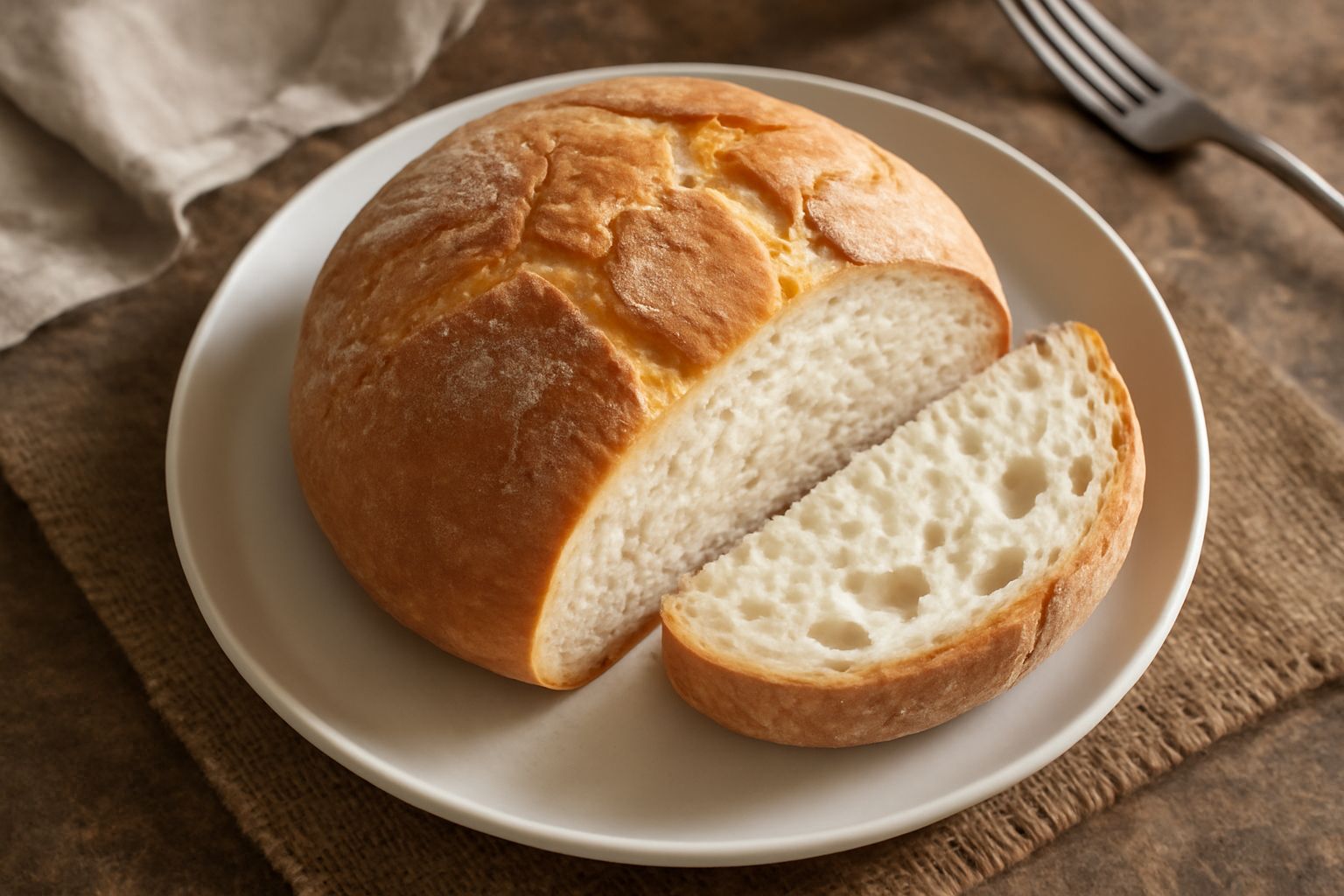 Pagnotta toscana intera su tavolo di legno, crosta dorata e croccante, taglio in sezione che mostra l'interno bianco e alveolato, circondata da spighe di grano
