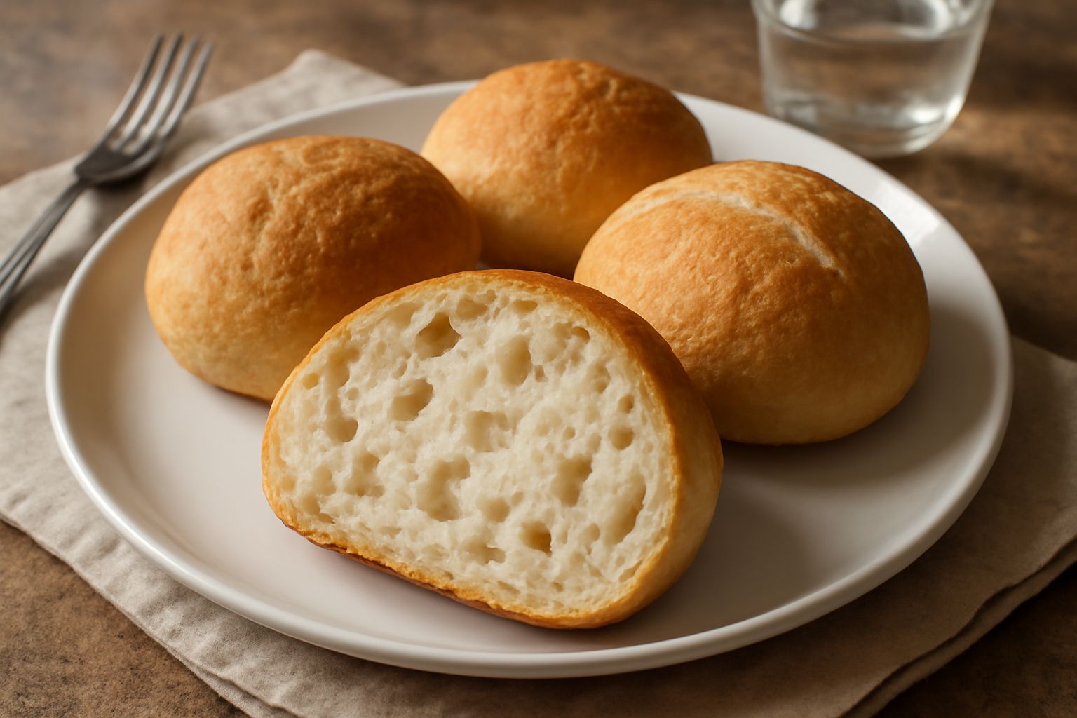 Tre pagnotte di pane dorato-marrone con crosta croccante, disposte su una tavola di legno, tagliate a metà per mostrare l'interno bianco e soffice con alveoli irregolari