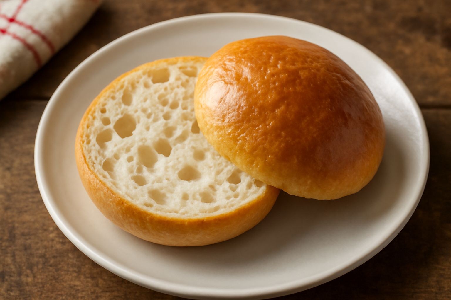 Pagnottelle dorate e gonfie in un cestino di vimini, con crosta lucida, uno spicchio aperto che mostra l'interno bianco e areato, vapore ancora visibile