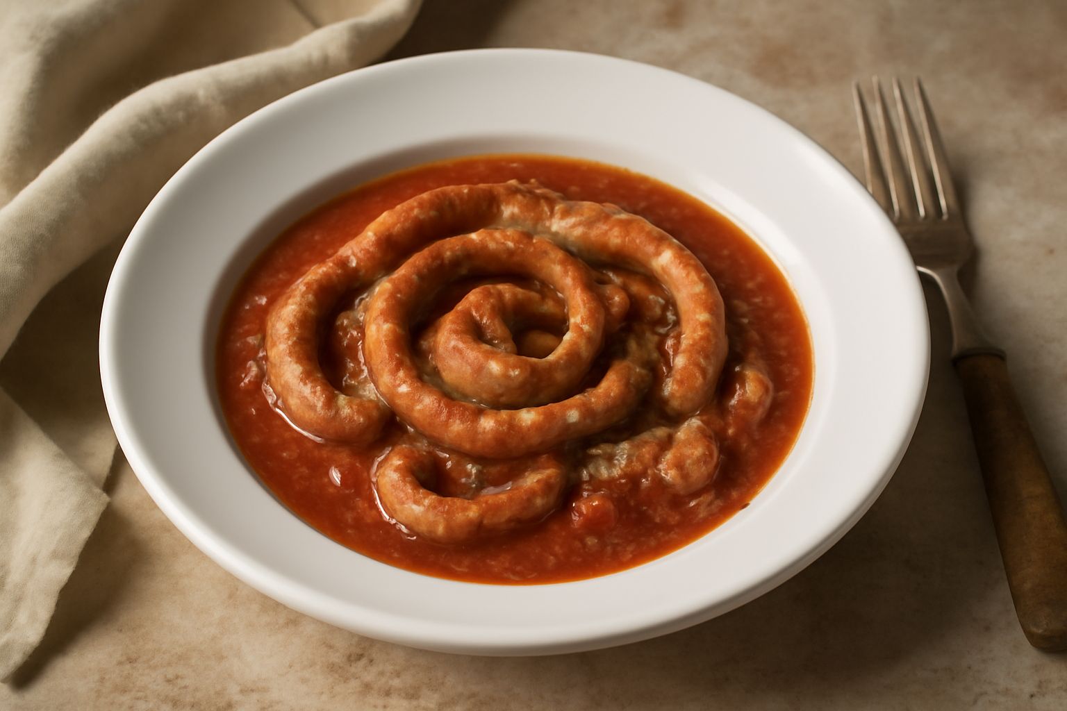 Pajata cotta in umido di colore marrone dorato con salsa di pomodoro e formaggio pecorino grattugiato, servita in piatto fondo bianco con pane tostato accanto