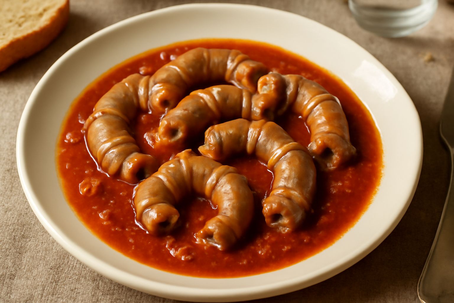 Pajata alla romana in bianco piatto fondo: intestini di vitello legati a nodi, immersi in sugo di pomodoro denso, cotti fino a diventare morbidi e lucidi, cosparsi di prezzemolo fresco verde, con pane